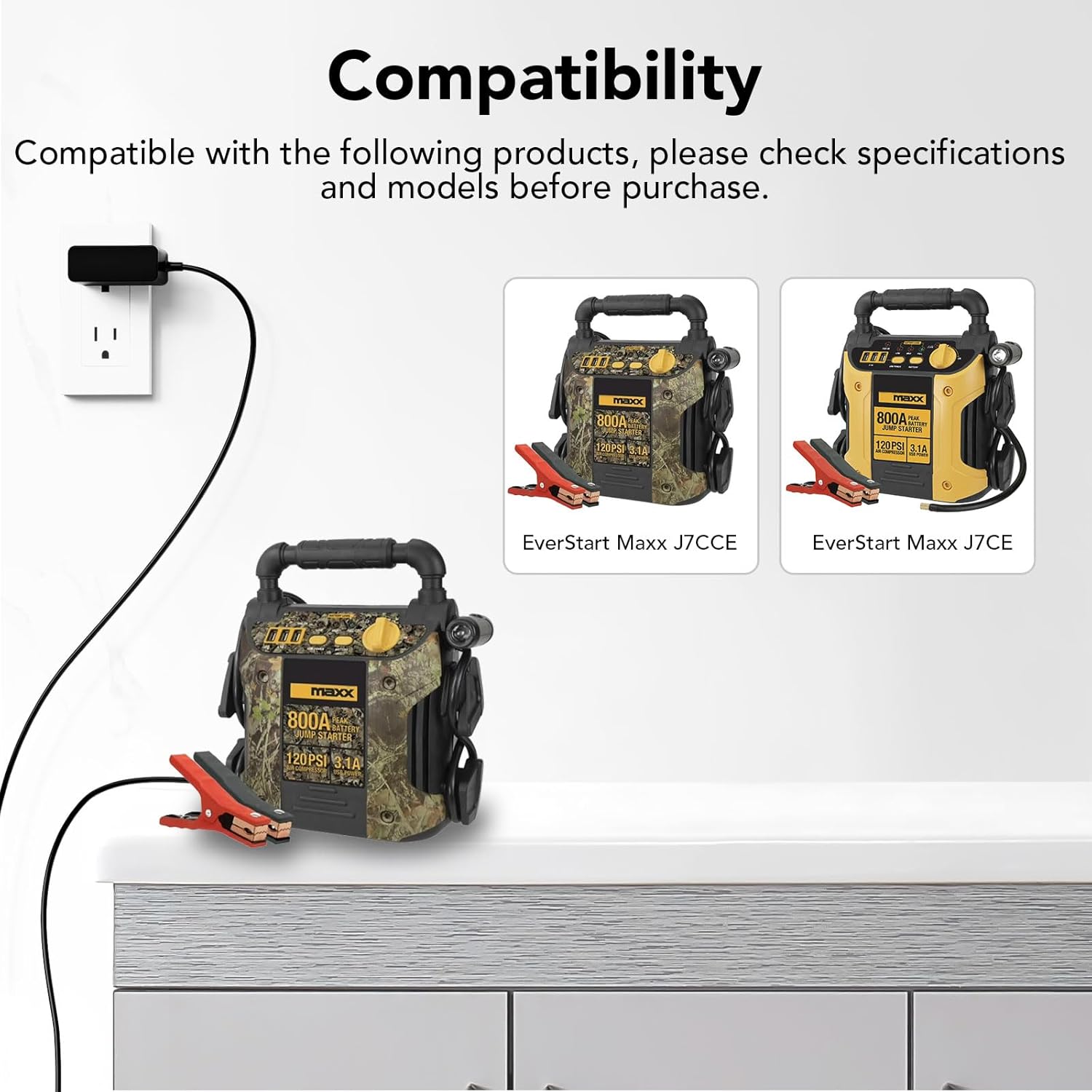 12V Battery Charger for EverStart Maxx J7CCE J7CE, AC Power Adapter Charging Cord Compatible with EverStart J7CCE J7CE Battery Car Camo Jump Starter with 120 PSI Compressor 3 USB Ports