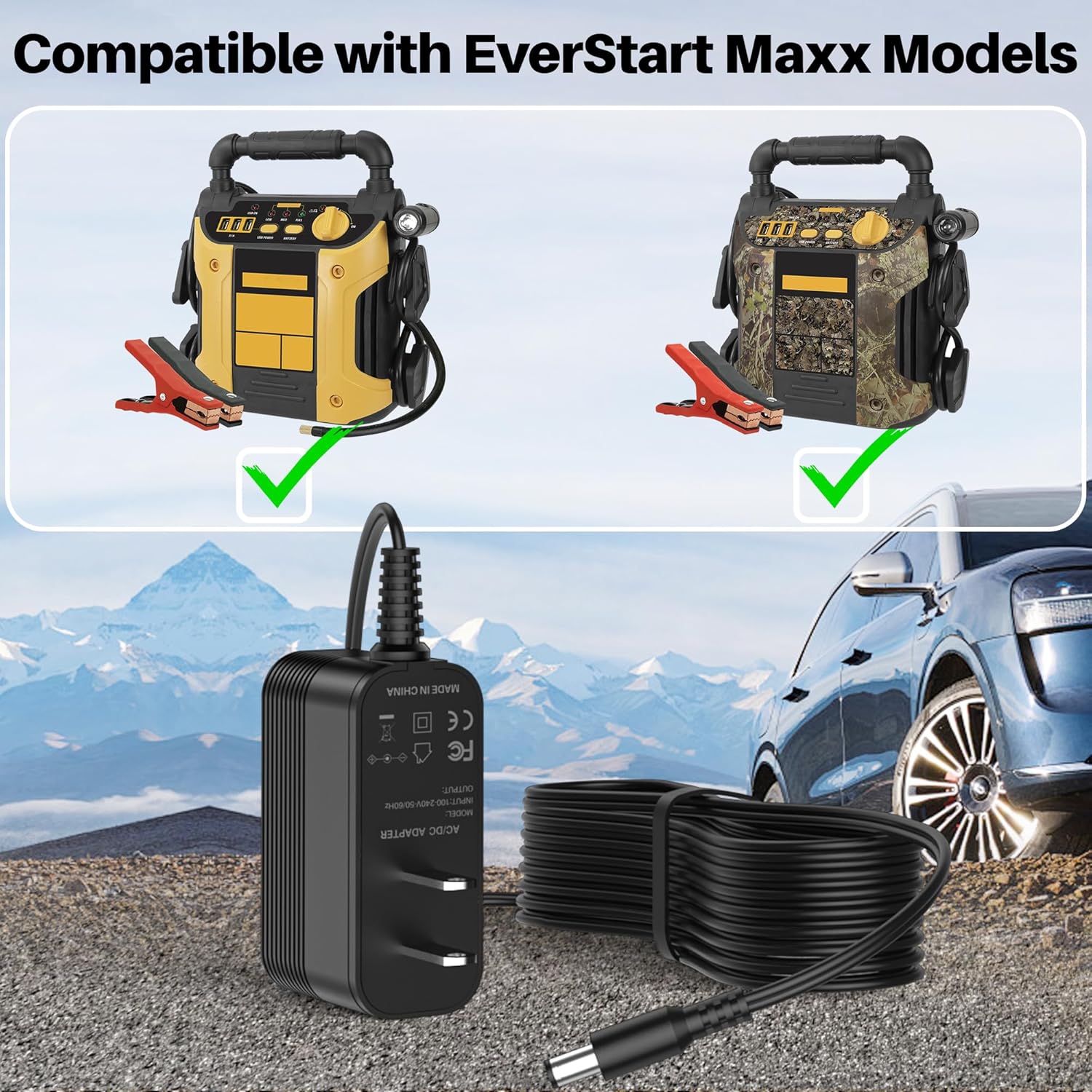 12V DC Power Cord for EverStart Maxx Jump Starter Battery Charger Compatible with Ever Start Max J7CCE J7CE 800A 800 Peak Amps Battery Car Jump Starter 120 PSI Air Compressor 3.1A USB Power LED Camo