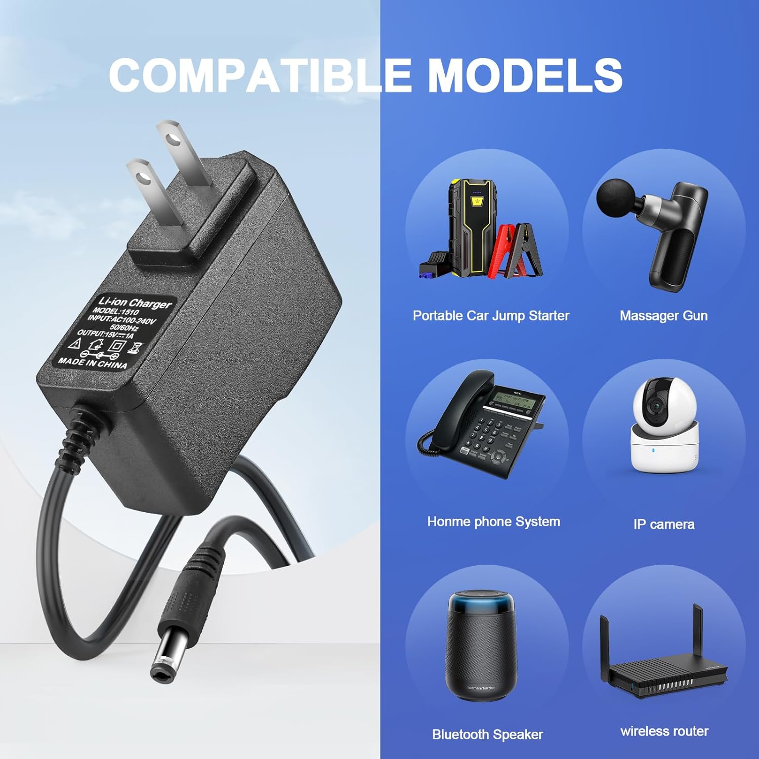 15V 1A~1.5A Adapter Charger Charging Cable Cord for Peak 450A 500A 600A 800A 1000A Auto Battery Booster Jump Starter, Compatible Beatit,Tacklife,Gooloo  More Portable Car Jump Starter