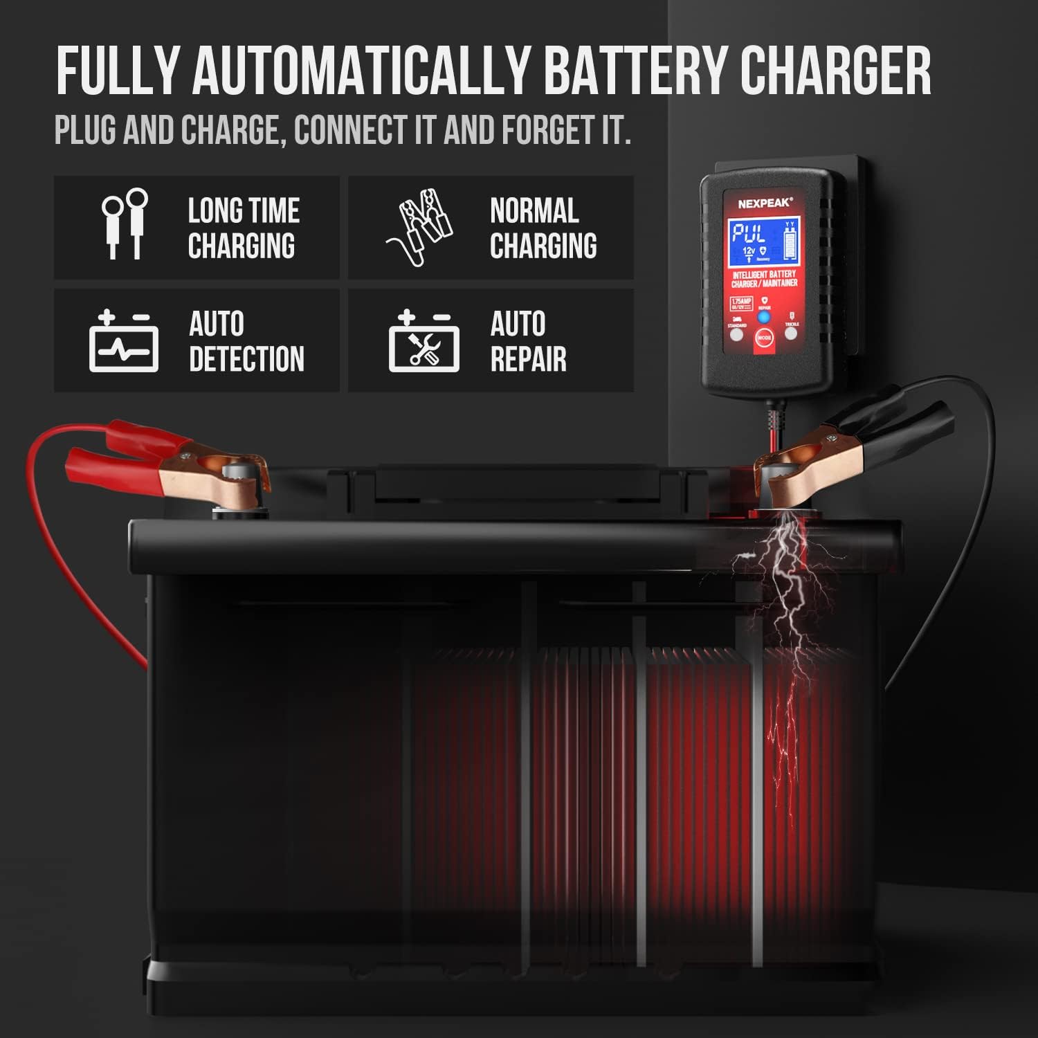 1.75-Amp Car Battery Charger, 6V and 12V Smart Fully Automatic Battery Charger Maintainer, Trickle Charger, Battery Desulfator for Car, Lawn Mower, Motorcycle, Boat, Marine Lead Acid Batteries