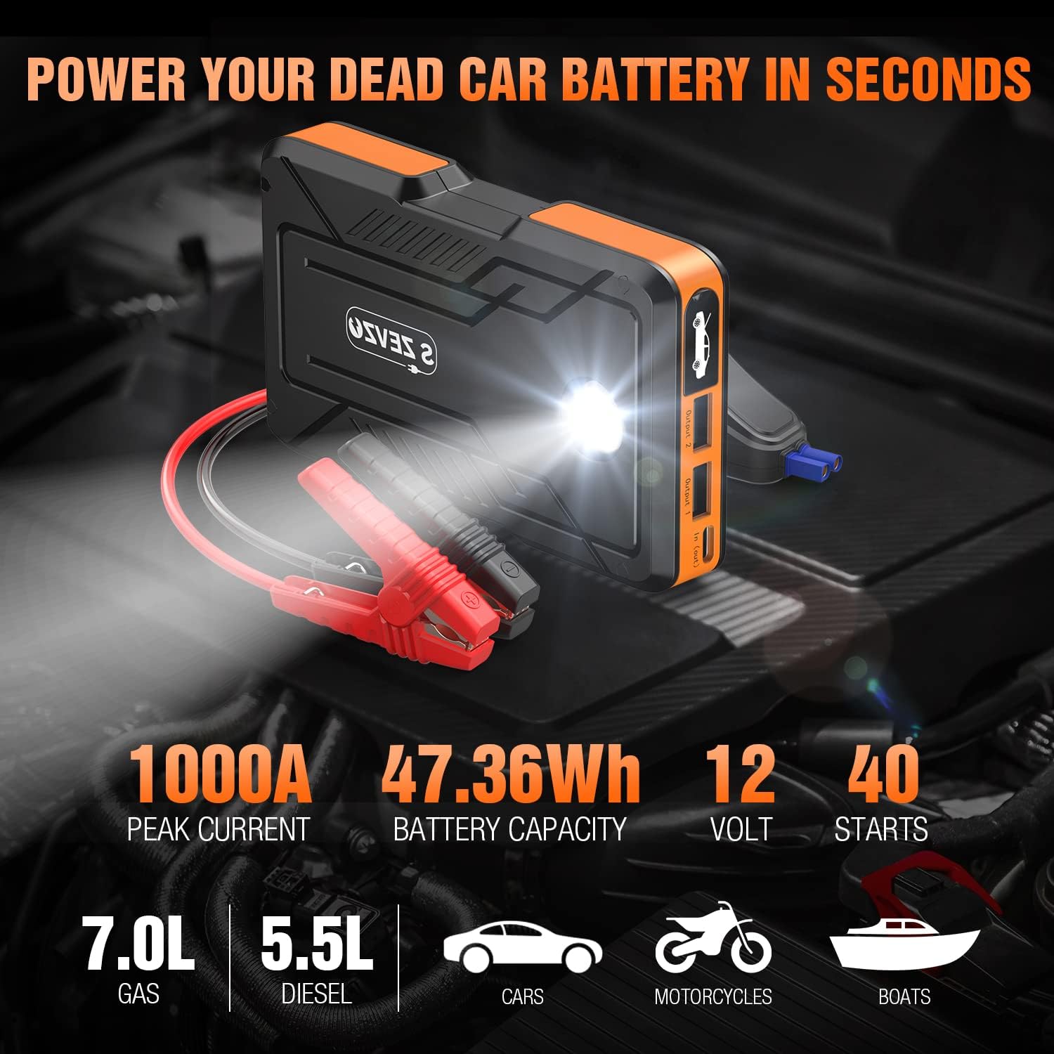 2500A ET03  1000A DJS70 Jump Starter for Car 12V Auto Battery Booster Pack with Smart Clamp Cables, USB Charge, LED Flashlight Jump Box Portable