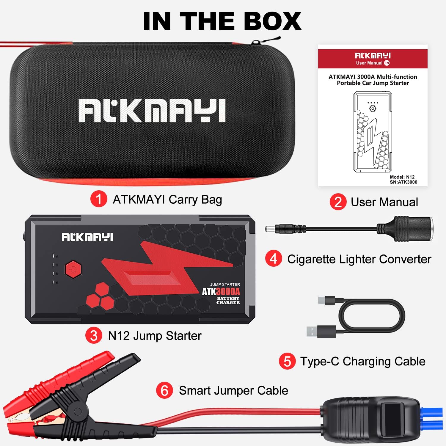 3000A Peak Car Battery Jump Starter, Up to 10.0L Gas and 8.0L Diesel Engines, ATKMAYI 20000mah Car Battery Booster Pack, Portable Jump Starter Box with Type-C Quick Charger 3.0 and LED Light