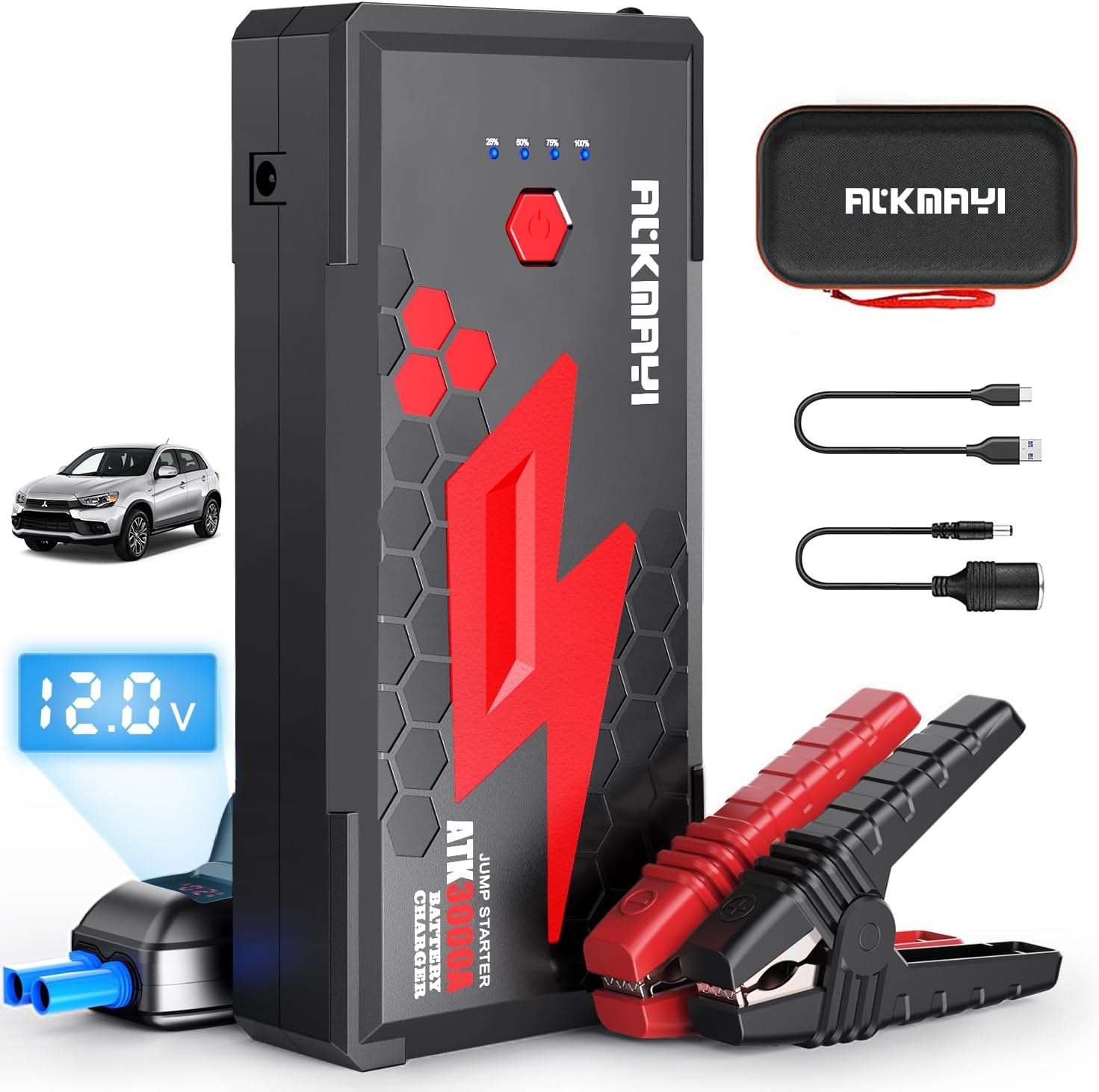 3000A Peak Car Battery Jump Starter, Up to 10.0L Gas and 8.0L Diesel Engines, ATKMAYI 20000mah Car Battery Booster Pack, Portable Jump Starter Box with Type-C Quick Charger 3.0 and LED Light