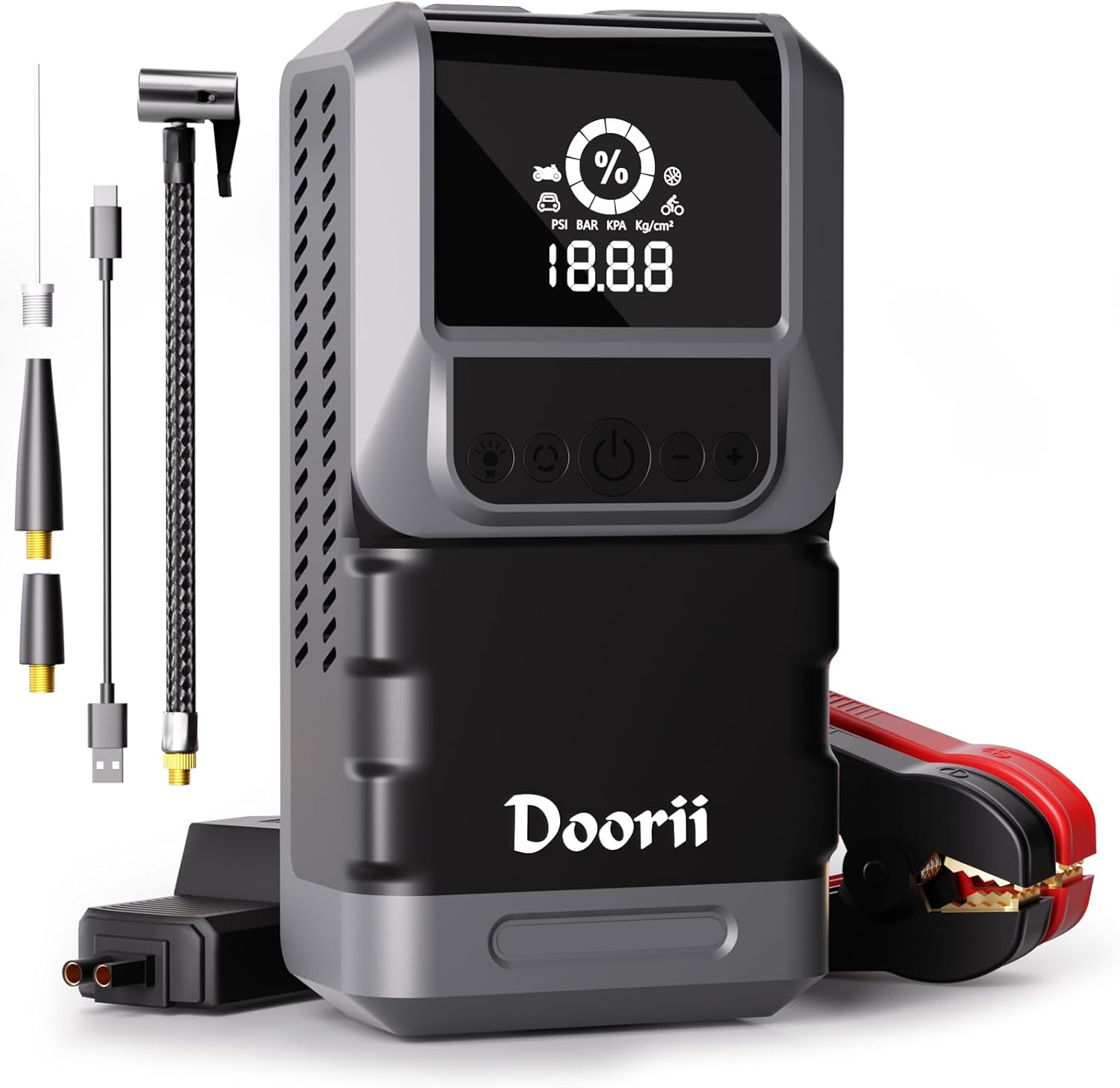 4500A 150PSI Doorii Car Jump Starter with Air Compressor, Car Battery Jump Starter (10.0 Gas/8.0L Diesel) Tire Inflator, 12V Car Booster Battery Pack with Large LED Display, Lights