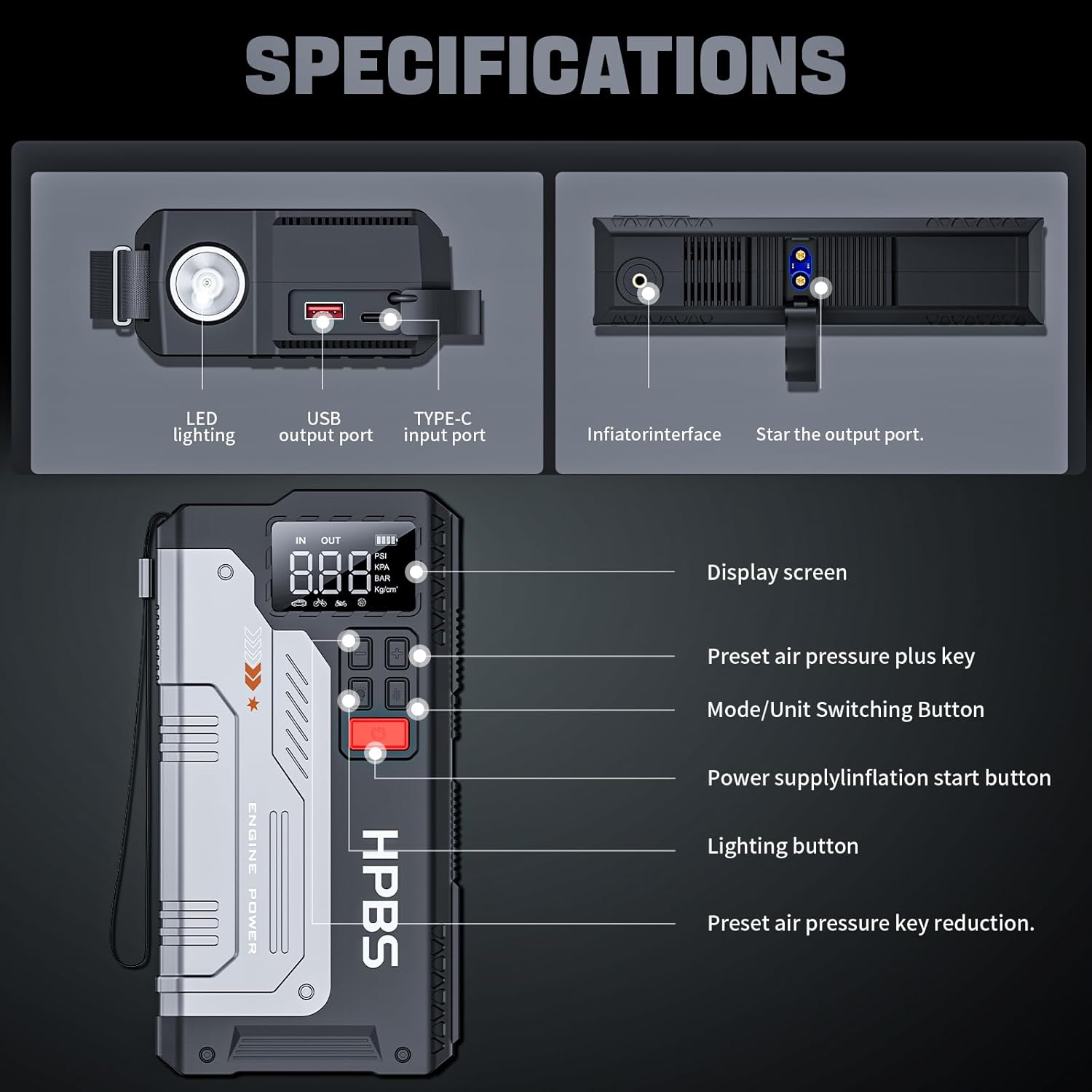 5000A Tire Inflator  3000A Car Jump Starter, Portable Air Compressor  Battery Booster for Vehicles, LED Flashlight, USB Charging, Digital Pressure Gauge for Roadside Assistance