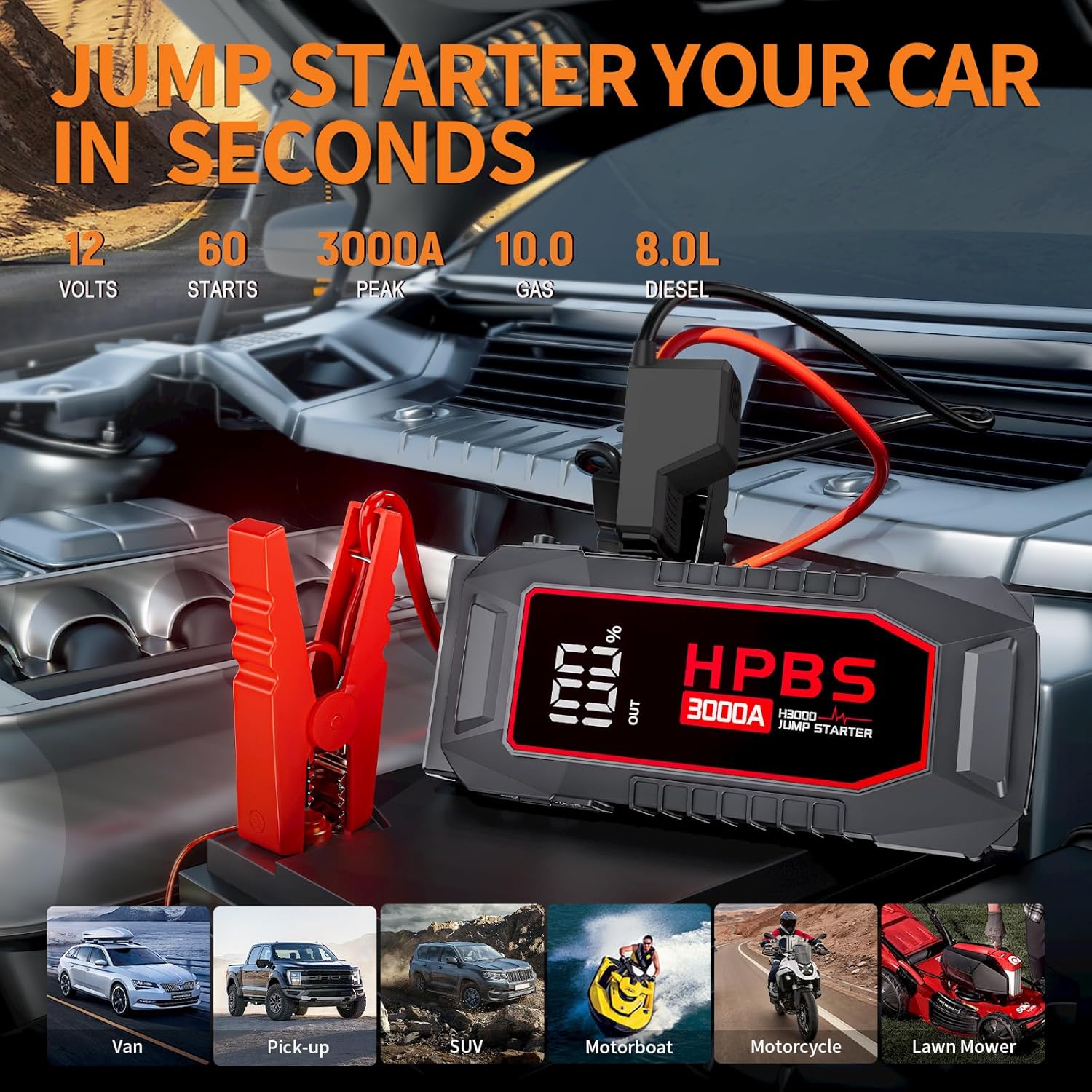 5000A Tire Inflator  3000A Car Jump Starter, Portable Air Compressor  Battery Booster for Vehicles, LED Flashlight, USB Charging, Digital Pressure Gauge for Roadside Assistance