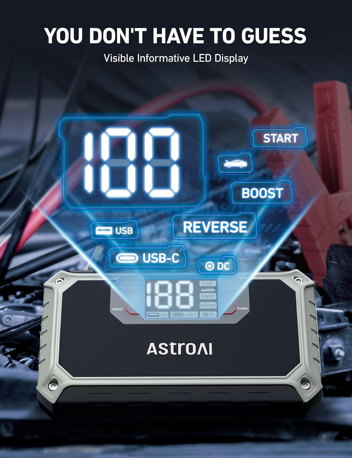 AstroAI Car Jump Starter, 2000A 12V 8-in-1 Battery Jump Starter, Up to 7.0L Gas  4.0L Diesel Engines, Intuitive LED Screen, Quick Charge 3.0 Power Bank with Cigarette Adapter, Jumper Cable