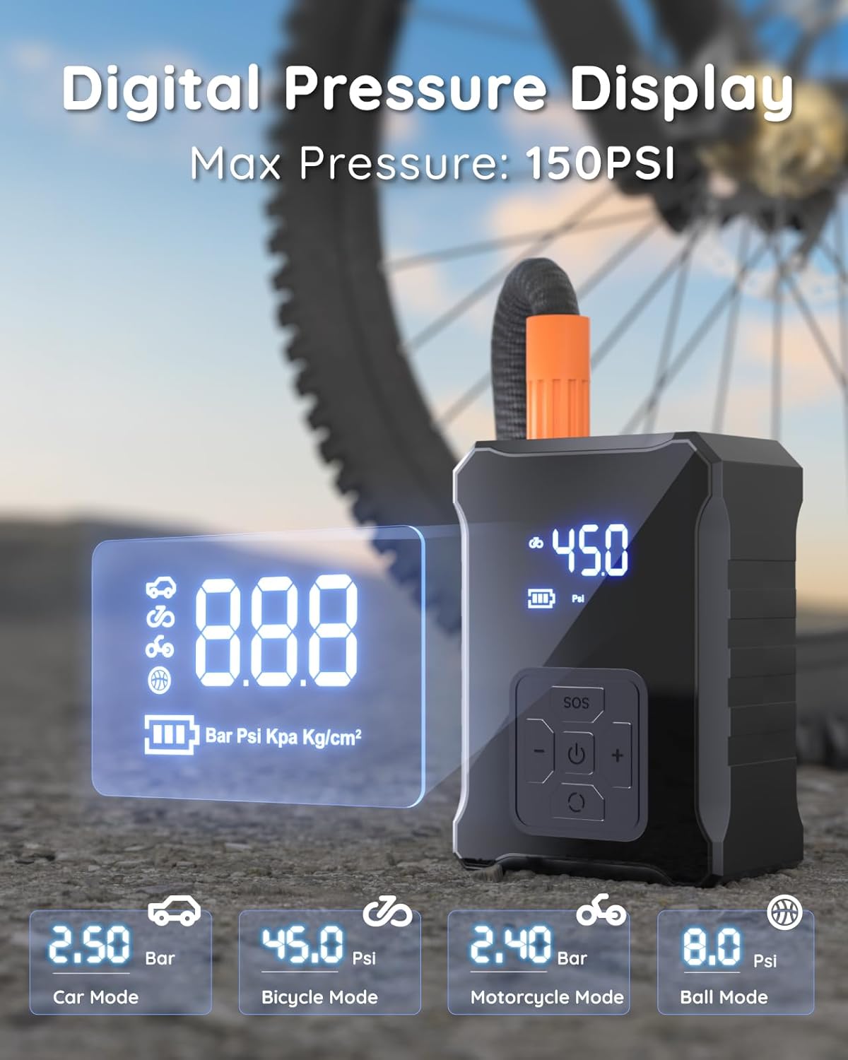 Bike Pump with Digital Pressure Gauge, Portable Electric Bicycle Pump Car Tire Inflator, Max 150 PSI, Auto Shut-Off Air Pump with Presta and Schrader Valves for Bicycles Motorcycles and Cars