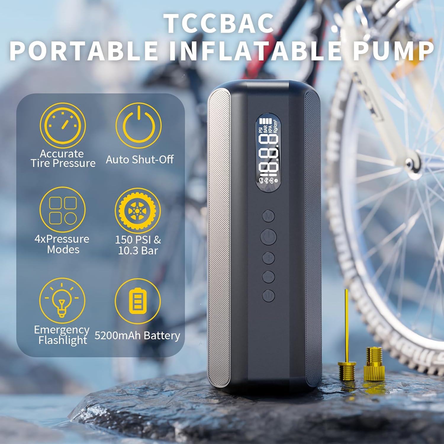 Bike Tire Pump Electric Air Inflator with Digital Gauge Portable Bike Pump 150PSI High Pressure Air Compressor for Road Bike, Mountain Bike,Motorcycle with Presta, Valve Accessories