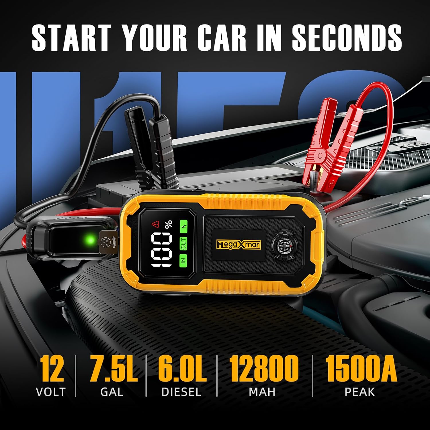 Car Battery Jump Starter -1500A Peak 12800mAh,Portable Car Jump Starter for Up to 7.5L Gas 6.0L Diesel Engine,12V Jump Starter Battery Pack with Smart Clamp Cables,LED Flashlight Jump Box