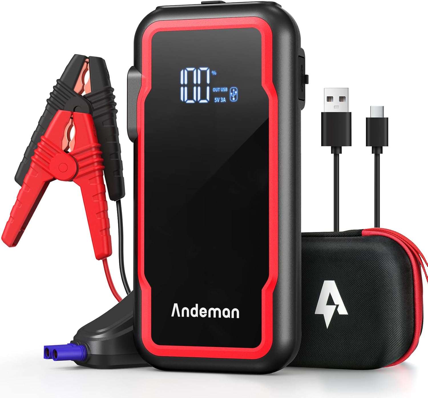 Car Jump Starter 3000A Peak 20000mAh (Start 9L Gas Engine or up to 7L Diesel Engine) Battery Charger Automotive, 12V Car Jumper, Power Bank Power Pack with Quick Charge Type-C Ports, Red