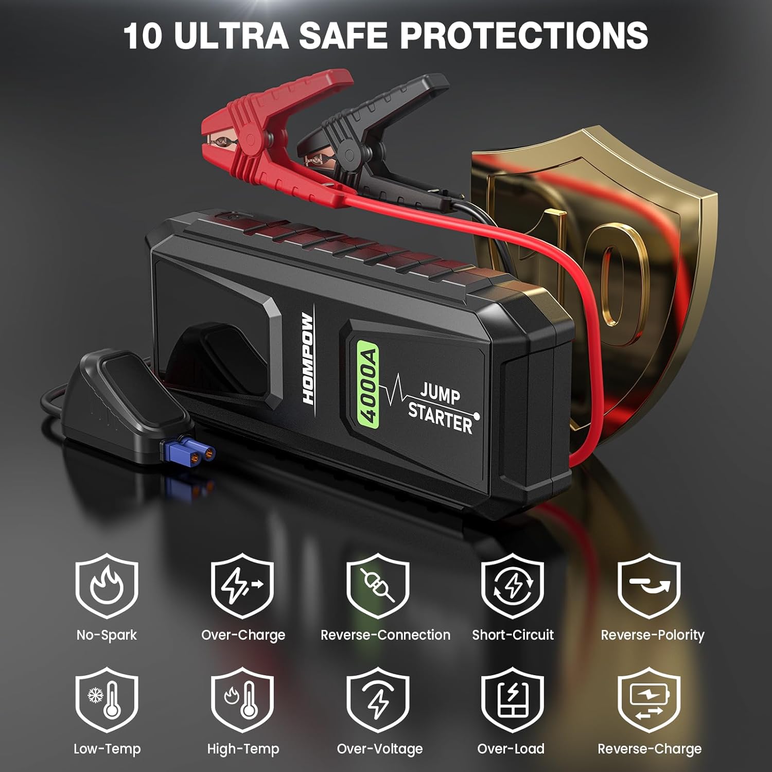 Car Jump Starter, 4000A Peak Jump Starter Battery Pack with 60W Fast-Charging Port(Up to All Gas and 10L Diesel Engine), 12V Portable Auto Battery Jump Box with LED Flashlight, and AC Adapter