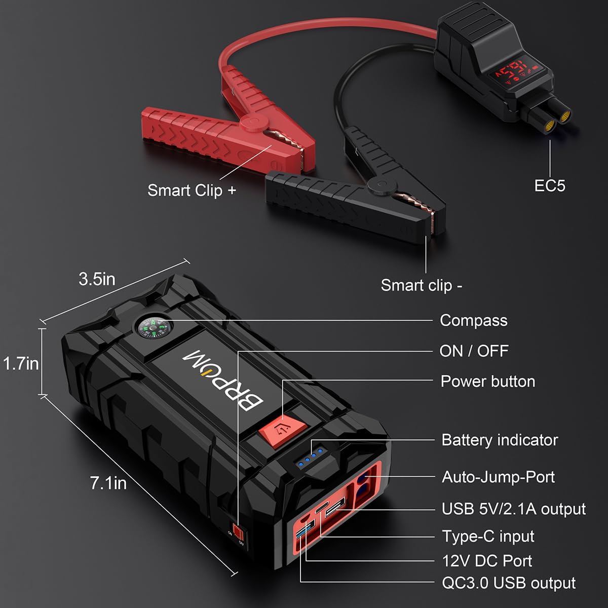 Car Jump Starter, 5000A Peak 26800mAh (Up to 10L Gas or 8.0L Diesel Engine, 50 Times) 12V Auto Booster Battery Pack Jump Box with Quick Charger Smart Jump Cables