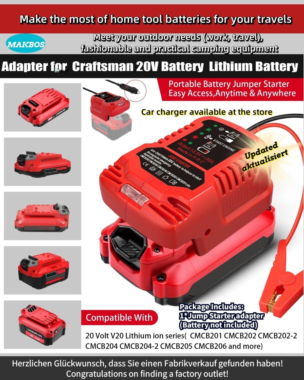 Car Jump Starter Adapter for Craftsman 20V Battery,Up to 3.5L Gas or 6.5L Diesel Engines,12V Portable Car Jump Starter Battery,Automotive Booster Battery Jumper Cables for Car Battery Charging Charger