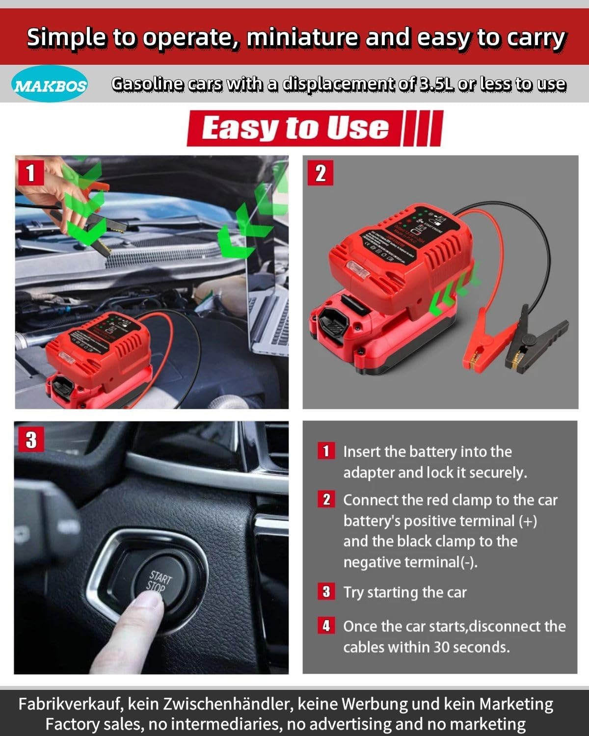 Car Jump Starter Adapter for Craftsman 20V Battery,Up to 3.5L Gas or 6.5L Diesel Engines,12V Portable Car Jump Starter Battery,Automotive Booster Battery Jumper Cables for Car Battery Charging Charger