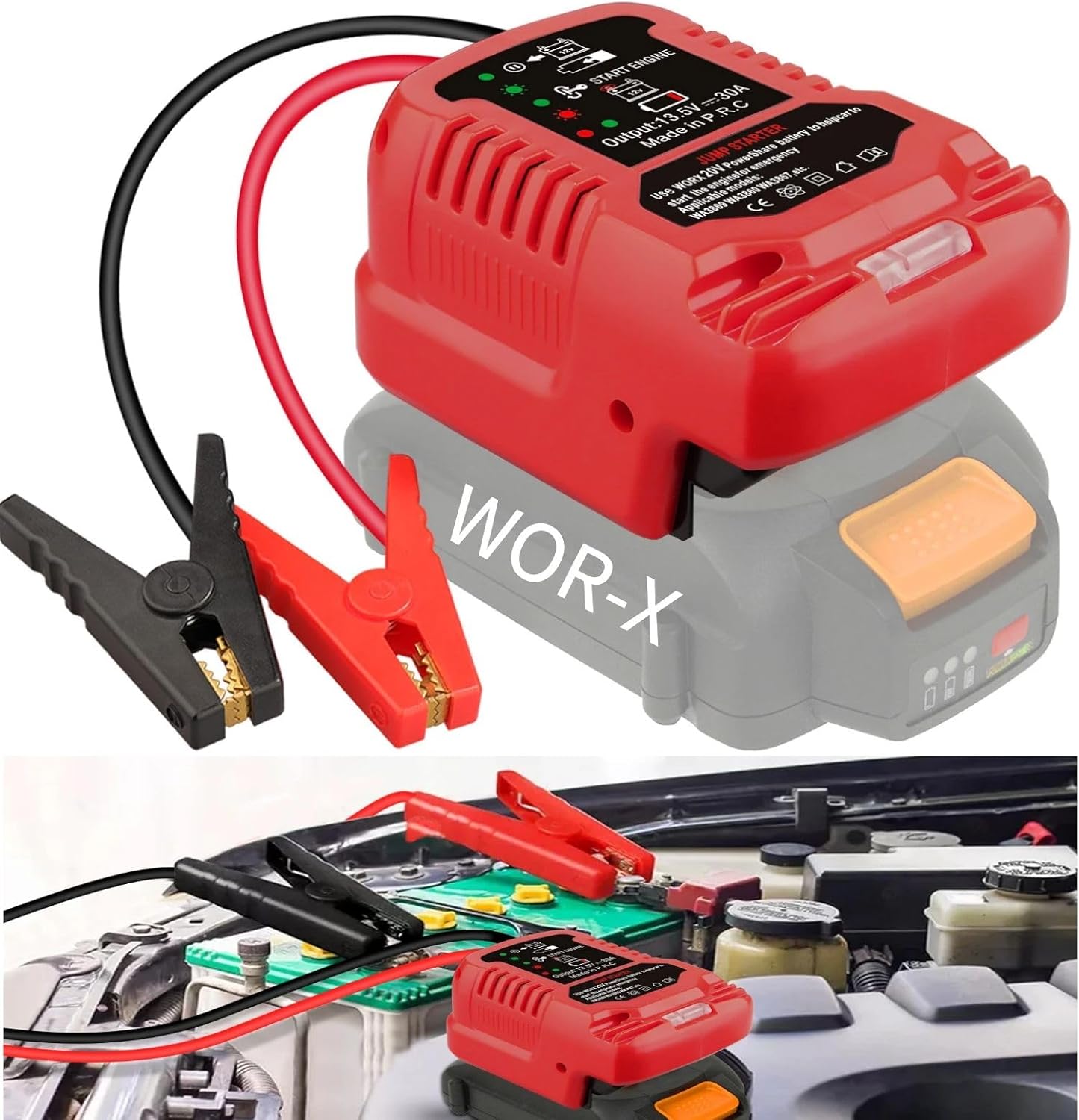 Car Jump Starter for Worx 20V Battery,Jumper Cables Adapter 12V Portable Jump Car Starter Battery,Up to 3.5L Gas 6.5L Diesel Engines,Automotive Booster Cable Adapter(Battery not Included)