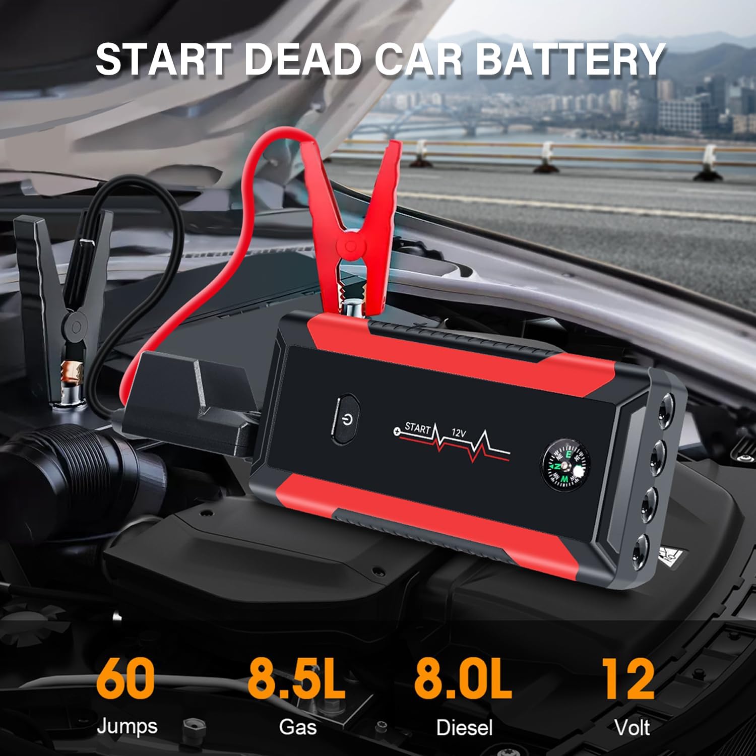 Car Jump Starter, Jump Starter Battery Pack for Up to 8.5L Gas  8.0L Diesel Engines, 12V Portable Jump Box with 4 Modes Flashlight and Jumper Cable, Power Bank Function