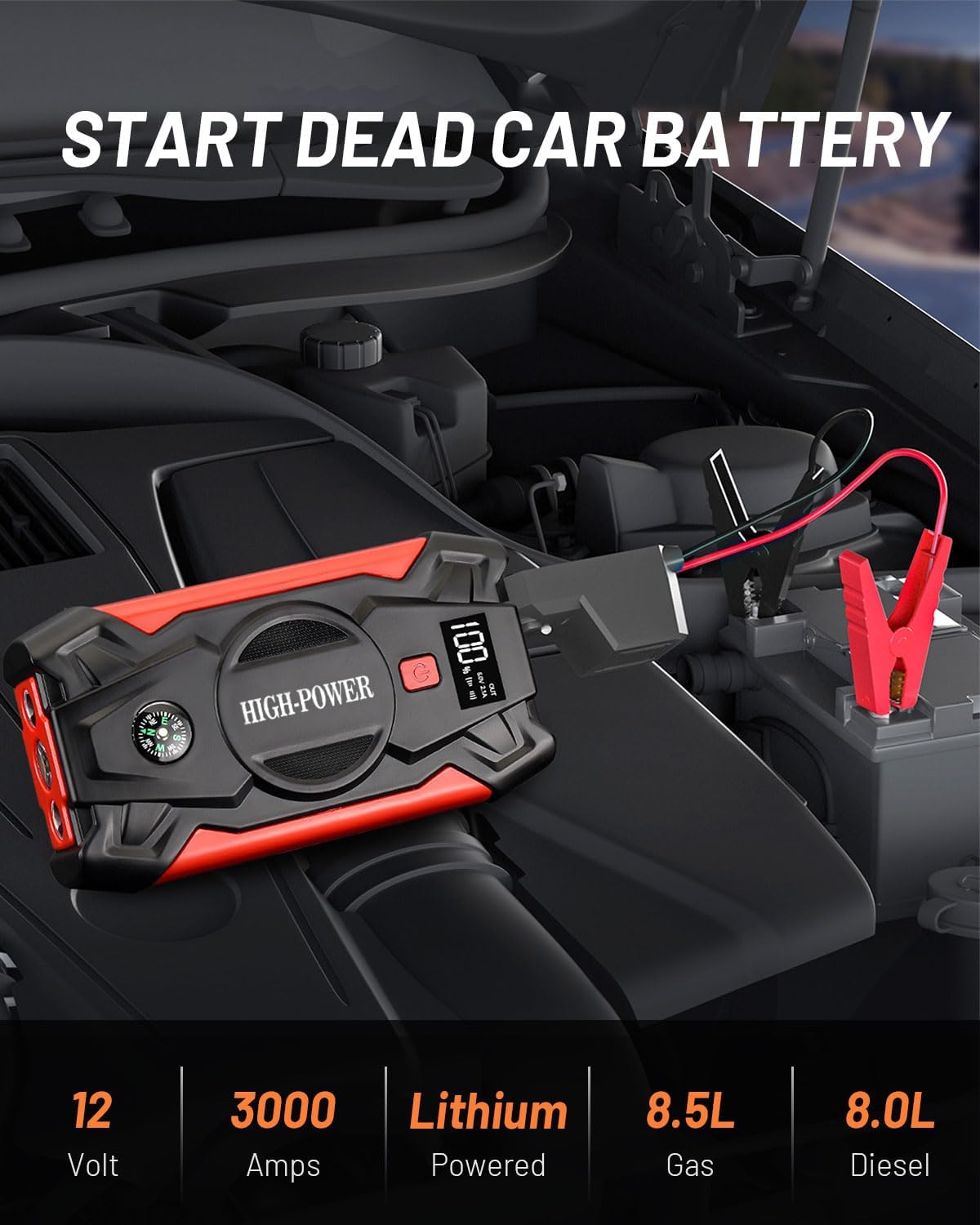 Car Jump Starter, Jump Starter Battery Pack for Up to 8.5L Gas  8.0L Diesel Engines, 12V Portable Jump Box with 4 Modes Flashlight and Jumper Cable, Power Bank Function