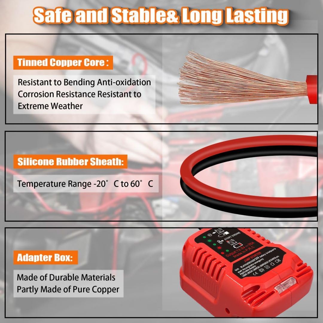 Car Jump Starters Adapter for Milwaukee M18 18V,Heavy Duty Automotive Booster Cables, with 11AWG Jump kit Cable for Jump Starting Car Using Tool Battery(Battery Not Included)