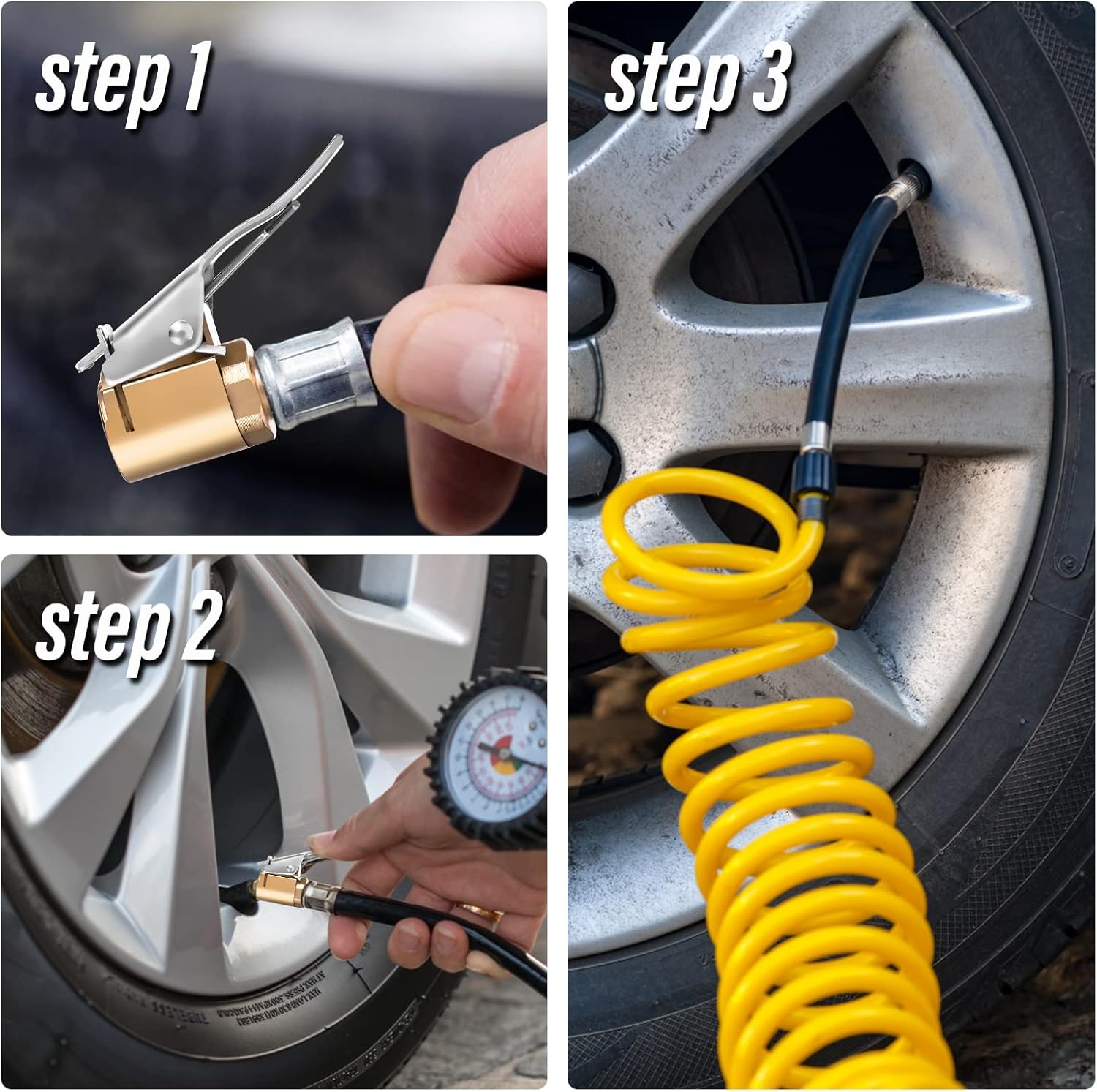 cobee Tire Air Chuck with Clip Adapter, 2pcs Air Chuck Tire Inflator Compressor Pump Connect, Heavy Duty Brass Locking Tire Inflator Air Chuck Adapter Connect, No Leakage Tire Chucks for Wheel