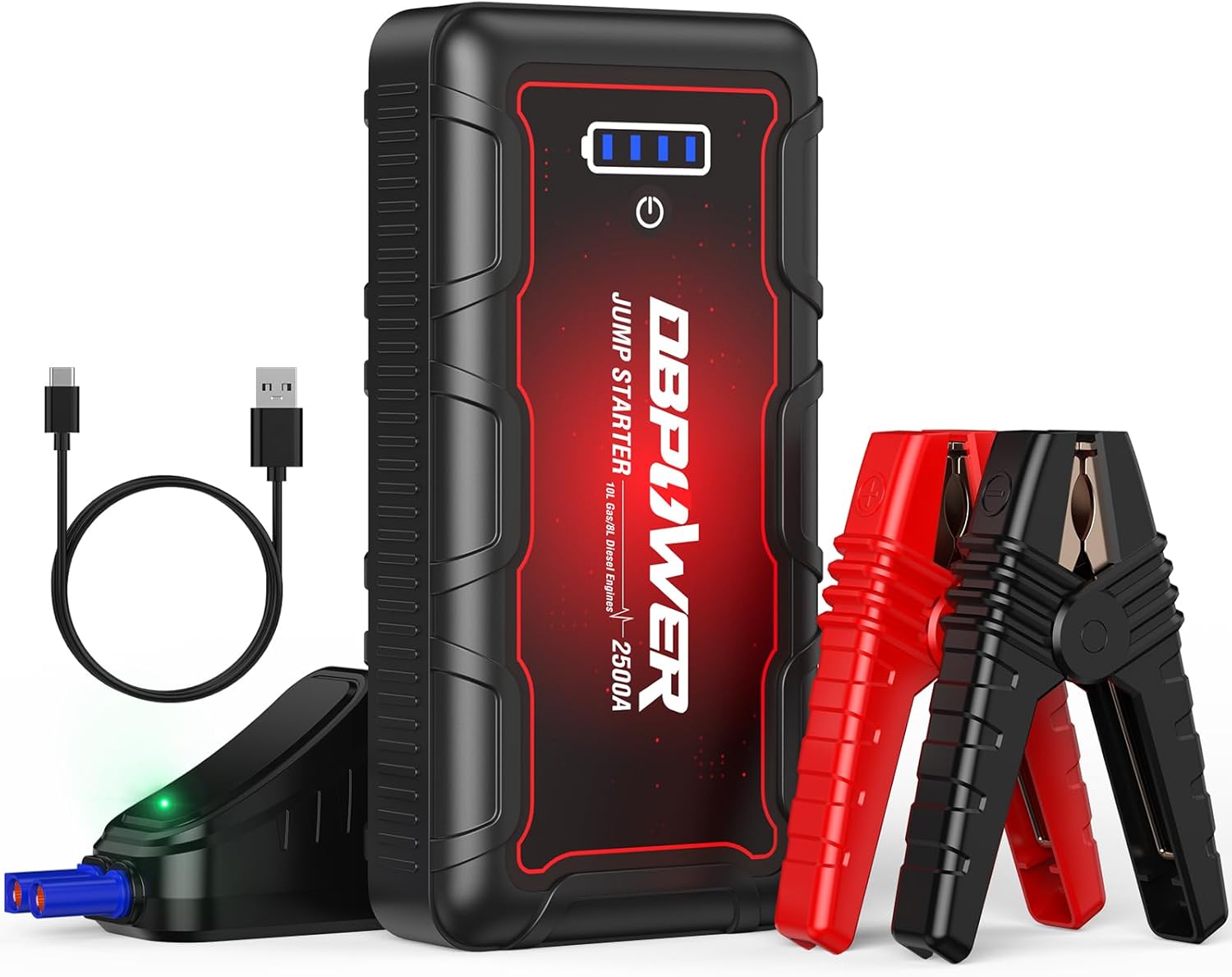 DBPOWER Jump Starter 2500A Peak 74Wh Portable Car Jump Starter (Up to 10L Gas/8L Diesel Engine) 12V Auto Battery Booster Pack with Smart Clamp Cables, Quick Charger, LED Light Jump Box