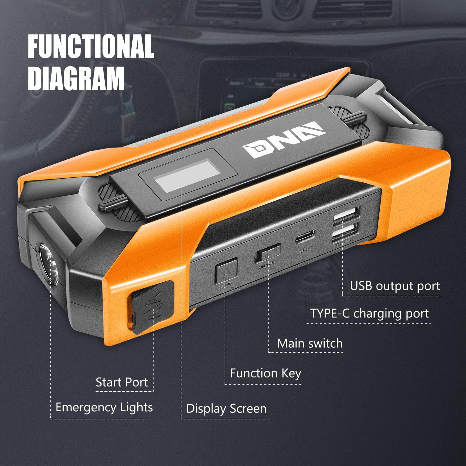 DNA MOTORING 12V 2000A Peak Multi-Function Portable Car Battery Jump Starter for Up to 8.0L Gas / 6.3L Diesel Engine, with Carry Case,TOOLS-00275