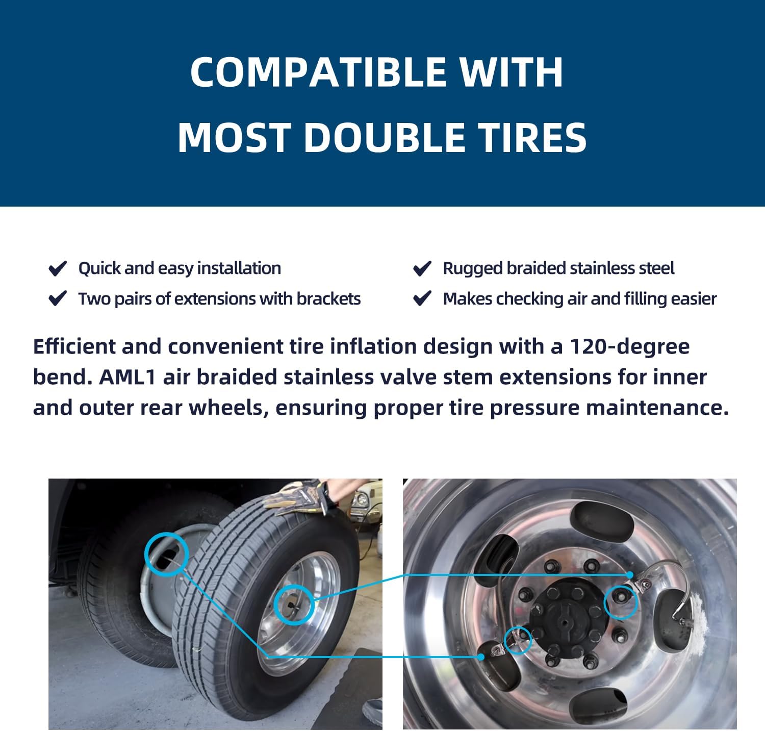 Double Tires Air Inflation Kit, Tire Valve Extension, Valve Stem Extenders, Valve Stem Extension, Easy Connecting to Tire Valves and Equipment and Extended inflator tube for easy tire checking