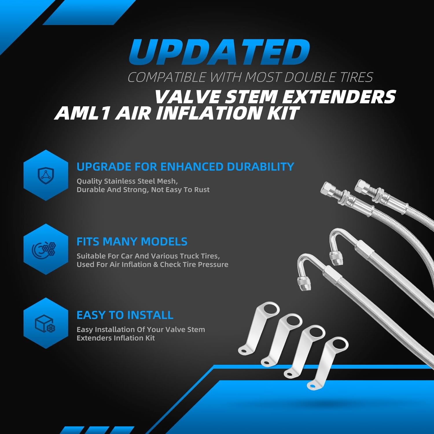 Double Tires Air Inflation Kit, Valve Stem Extension, Valve Stem Extenders, Dual Tire Air Inflation Kit, Tire Valve Extension Tube Kit for Tire Inspection, Easy Connecting to Tire Valves and Equipment