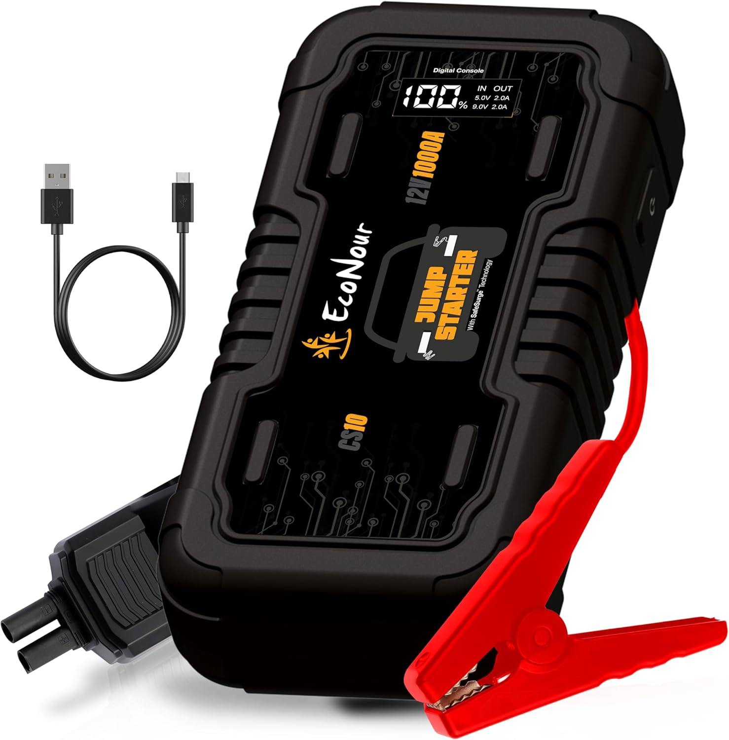 EcoNour Car Battery Jump Starter | 1600A Peak | Portable Jump Starter for Car with LED Light  Charger Cable | Battery Jumper Ideal Up to 7L Gas/5L Diesel Engines | Compatible with Ford, Honda, Toyota