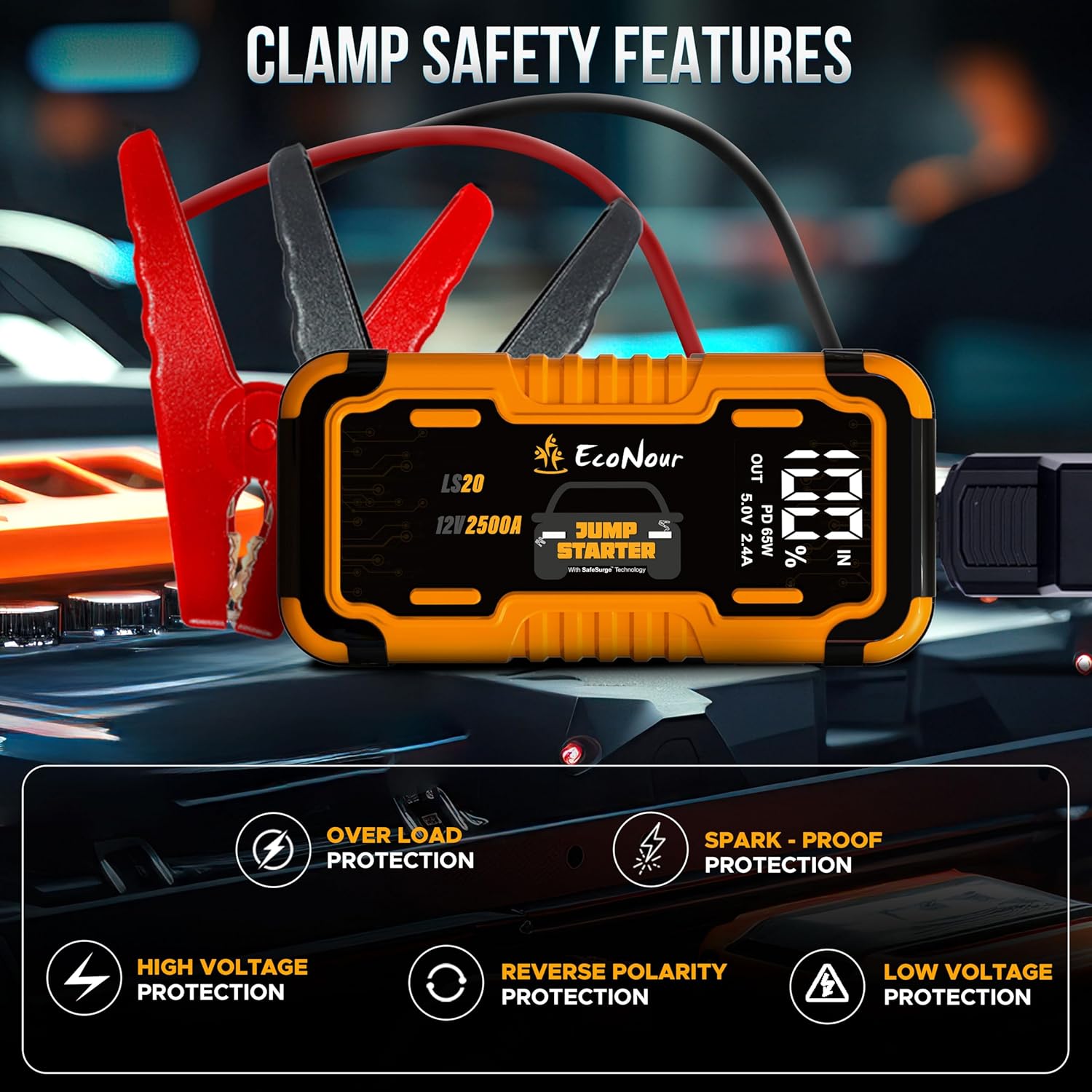 EcoNour Car Battery Jump Starter | 4000A Jump Pack for Car Battery with Emergency SOS, Torchlight  Charger Cable | Ideal for Up to 10L Gas  8L Diesel Engines | Compatible with Ford, Honda  Trucks