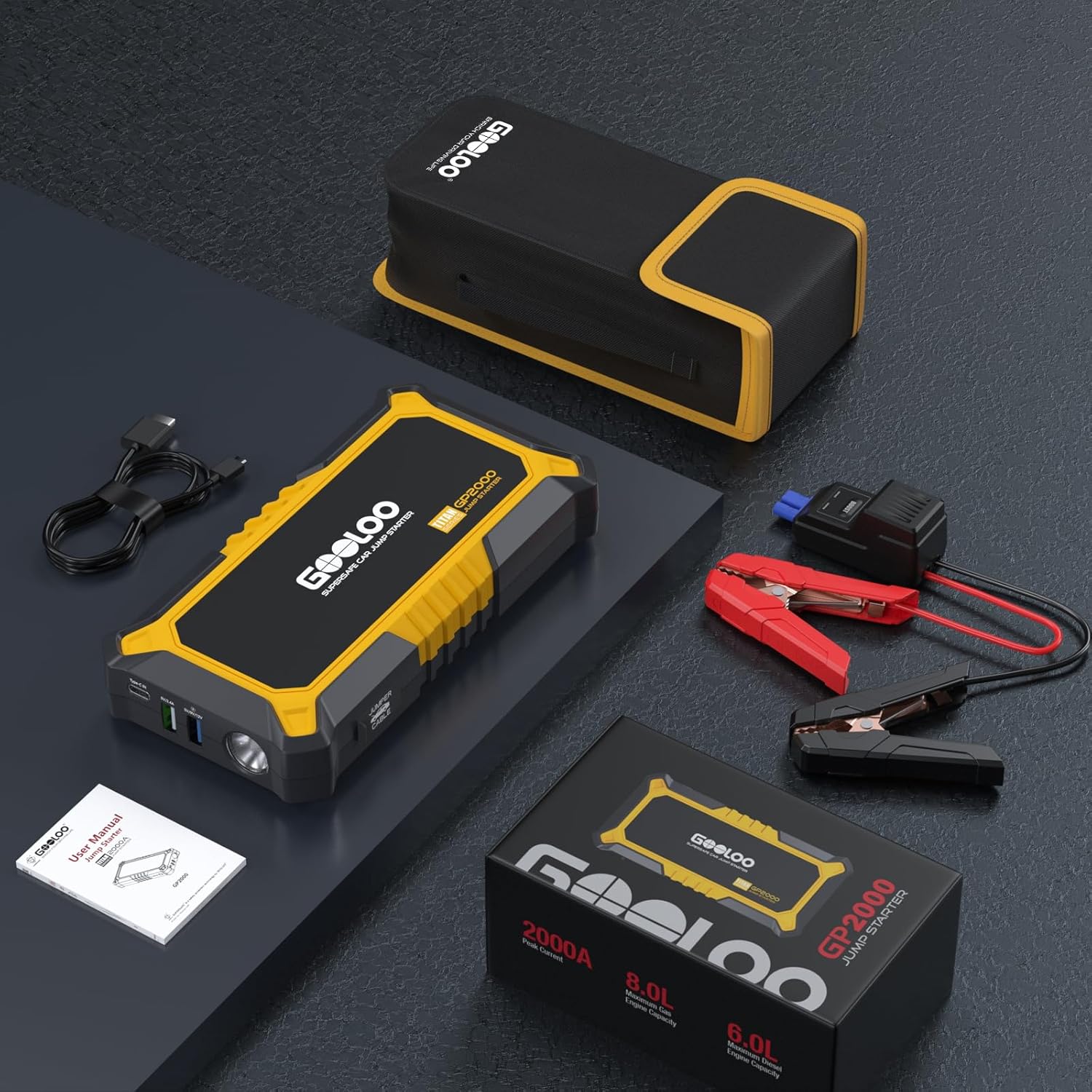 GOOLOO New GP2000 Jump Starter, 12V 2000A Car Jumper Starter(Up to 8.0L Gas, 6.0L Diesel Engines), SuperSafe Portable Car Battery Charger, Auto Lithium Jump Box Booster Pack with USB Quick Charge