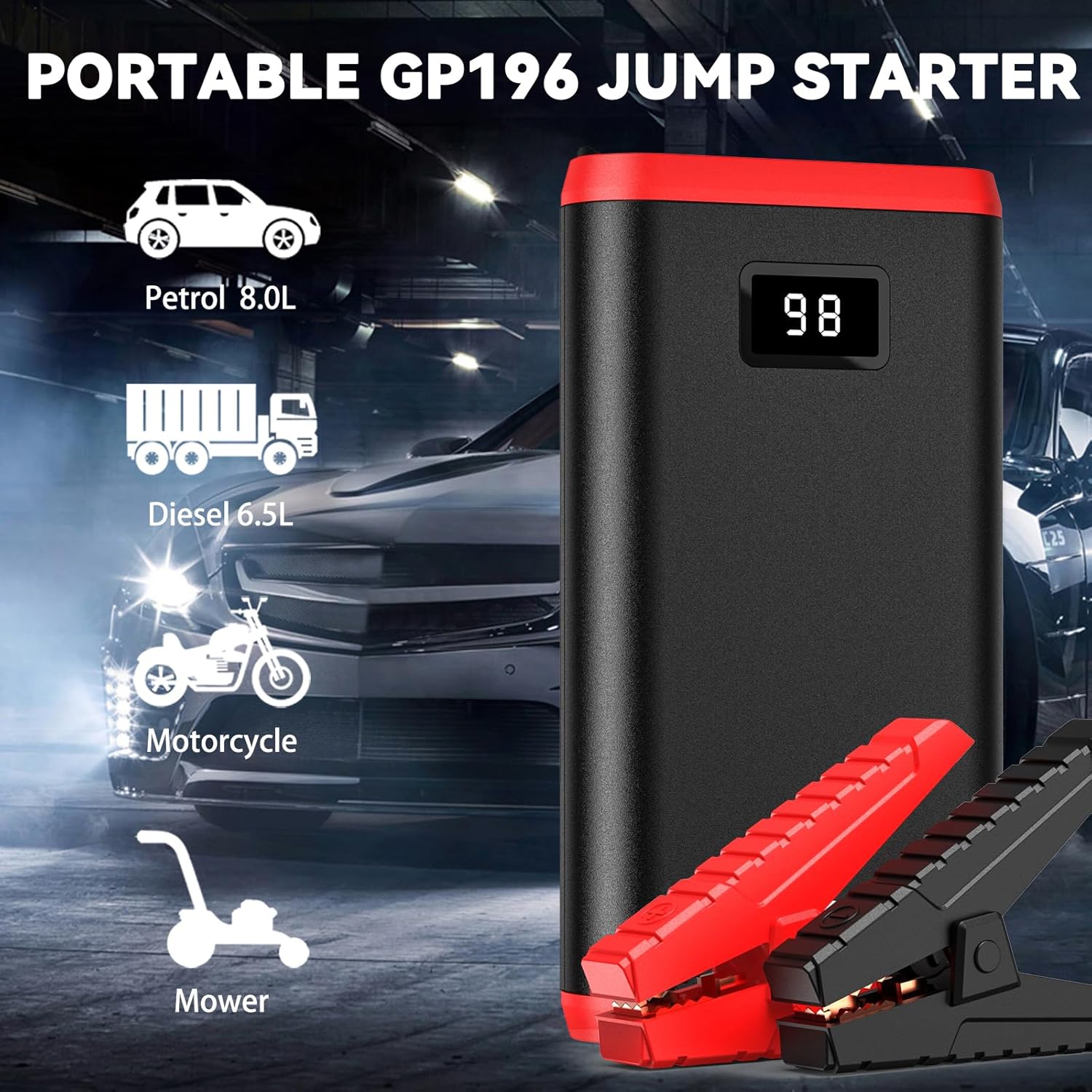 GREPRO Car Battery Jump Starter, 2000A Battery Jumper Starter Portable for Up to 8.0L Gas or 6.5L Diesel Engines, 12V Jumper Box for Car Battery with LCD Display, 3 Modes Flashlight, Dual USB Output