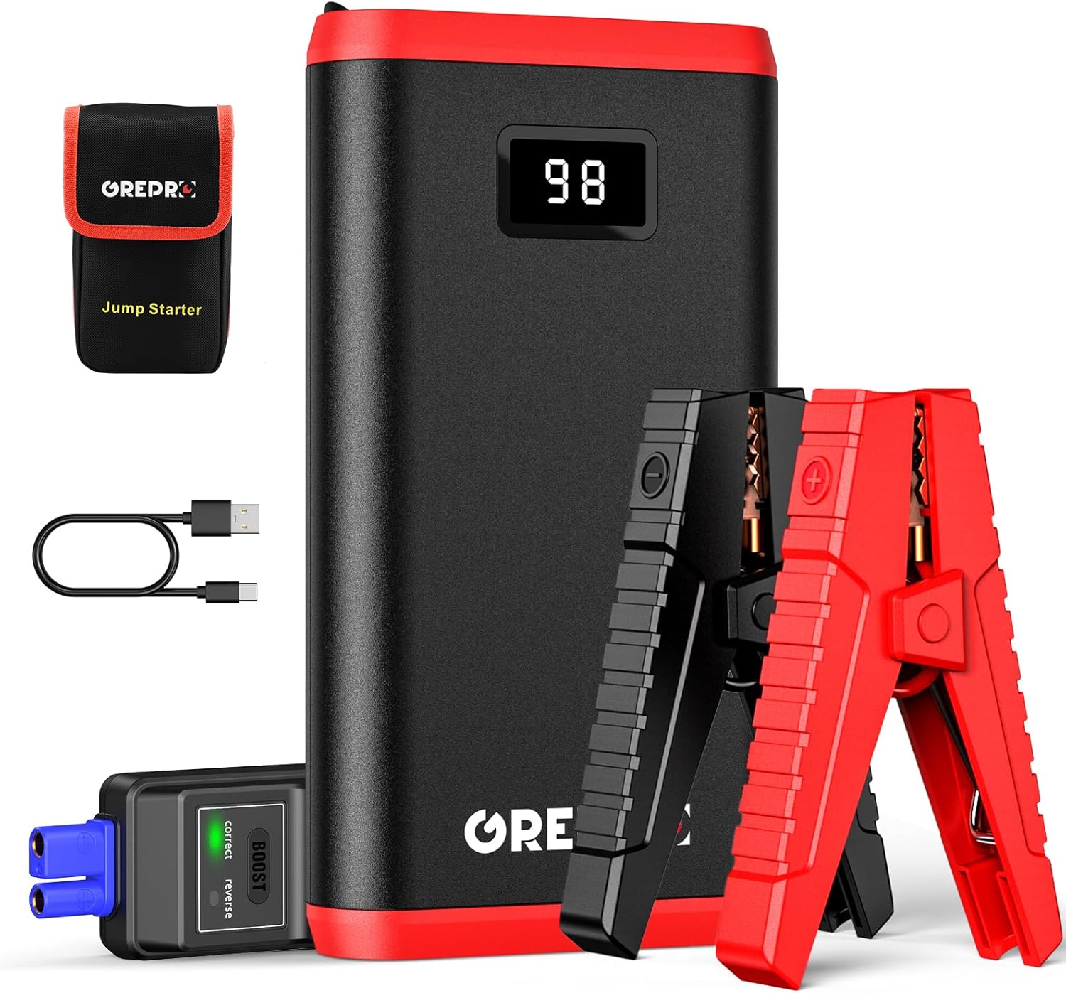 GREPRO Car Battery Jump Starter, 2000A Battery Jumper Starter Portable for Up to 8.0L Gas or 6.5L Diesel Engines, 12V Jumper Box for Car Battery with LCD Display, 3 Modes Flashlight, Dual USB Output