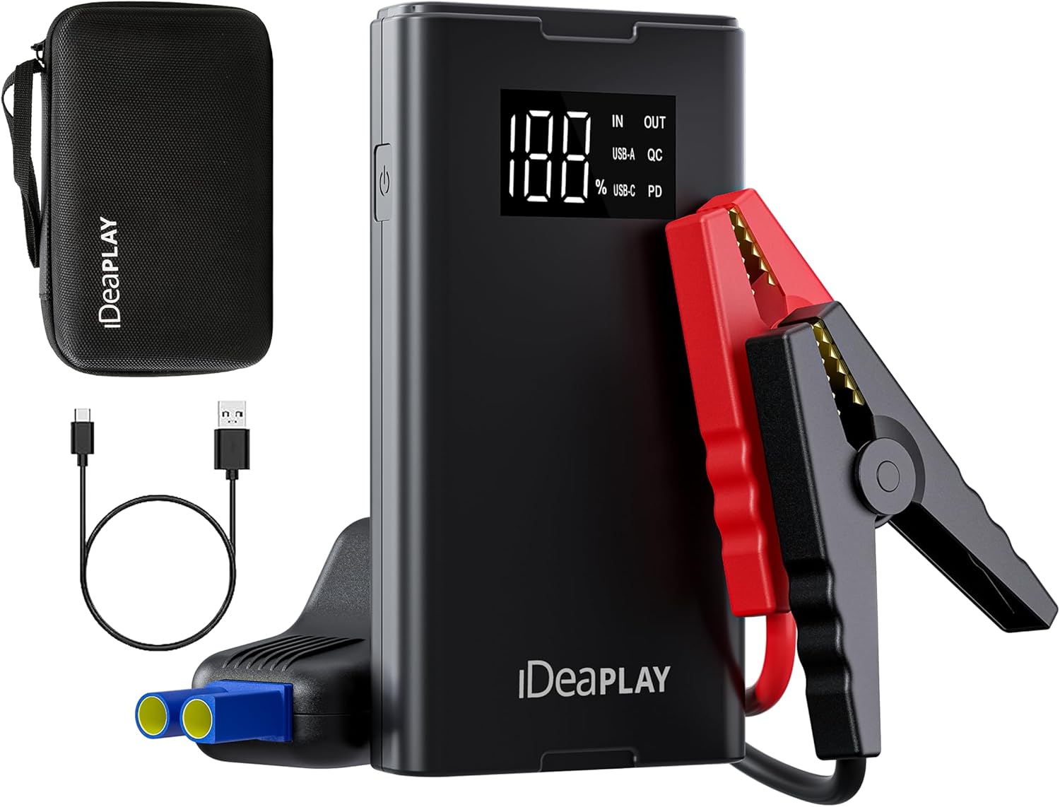 IDEAPLAY Jump Starter, 1500A Car Battery Jump Starter Portable for Up to 7.0L Gas and 5.5L Diesel Engine,Type C Fast Charging Battery Jumper with LED Flashlight