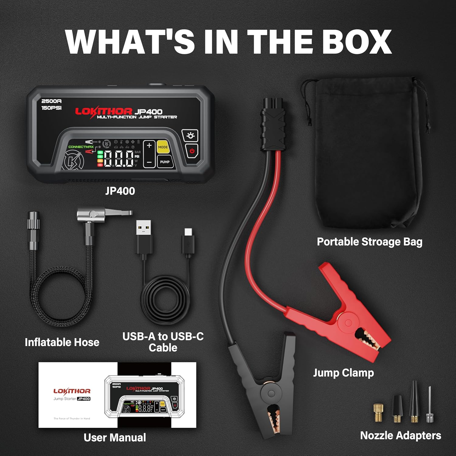 JP400 Jump Starter with Air Compressor, 2500A 12V Portable Car Battery Booster Pack for Up to 8.5L Gas or 6.5L Diesel, 150 PSI Cordless Tire Inflator, Auto Pump with Digital Pressure Gauge