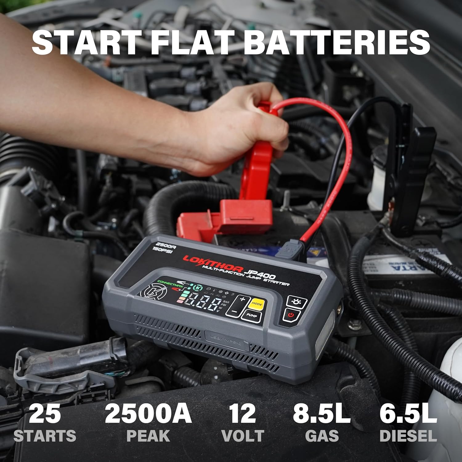 JP400 Jump Starter with Air Compressor, 2500A 12V Portable Car Battery Booster Pack for Up to 8.5L Gas or 6.5L Diesel, 150 PSI Cordless Tire Inflator, Auto Pump with Digital Pressure Gauge