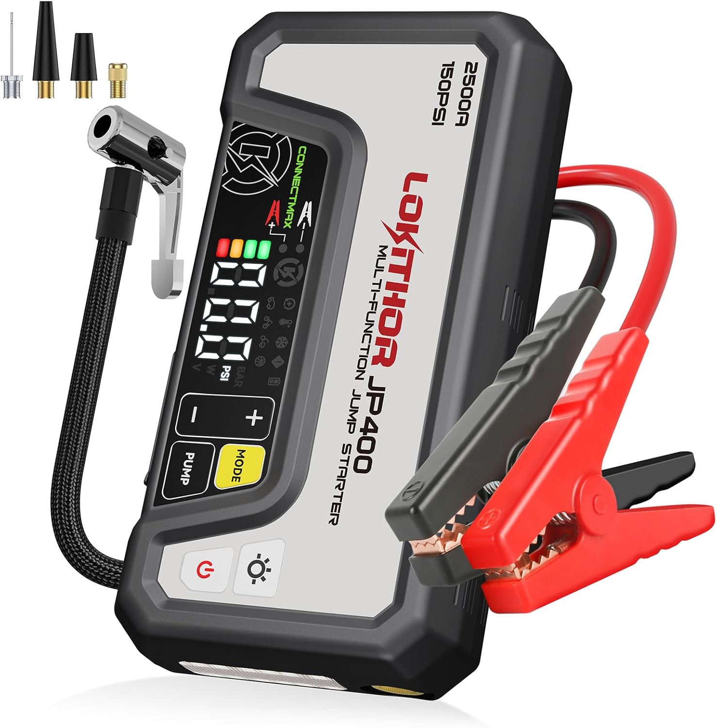 JP400 Jump Starter with Air Compressor, 2500A 12V Portable Car Battery Booster Pack for Upto 8.5L Gas or 6.5L Diesel, 150 PSI Cordless Tire Inflator Pump with Digital Pressure Gauge(White)