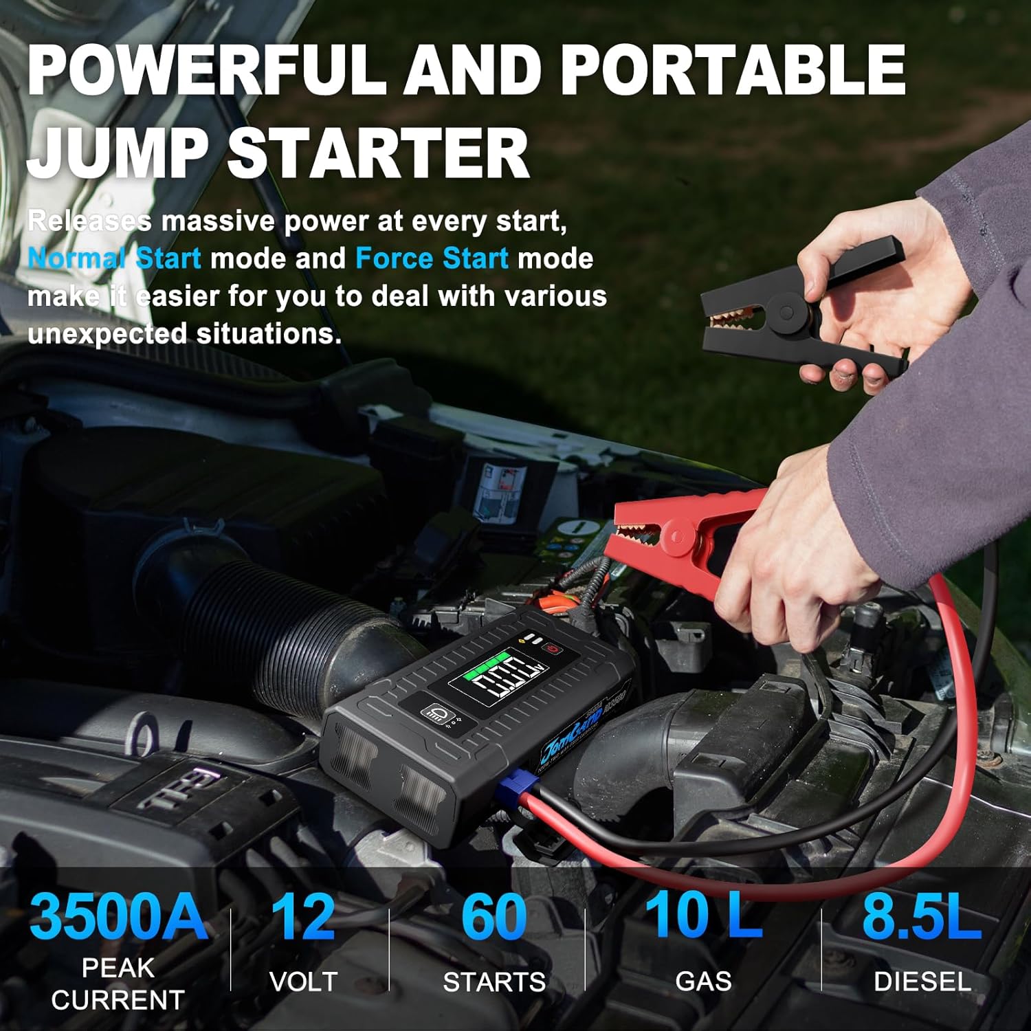 JQ3500 Portable Jump Starter, 3500A 12V Car Battery Booster Pack for Upto 10.0L Gas or 8.5L Diesel Engines, Jumper and Jump Box with 100W Two Way Fast Charge, 36 Months Ultra-Long Standby