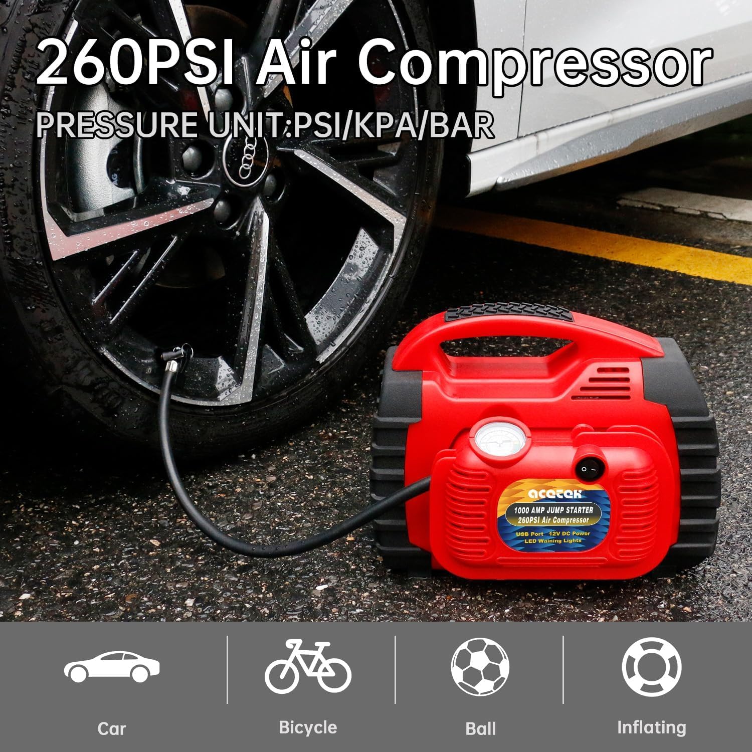 Jump Starter, acetek 1000Amp 12V Lead-Acid Battery Jump Starter with 260 PSI Air Compressor, Jump Box for Up to 5.0L Gas  5.0L Diesel Engines, Portable Power Station with LED Light