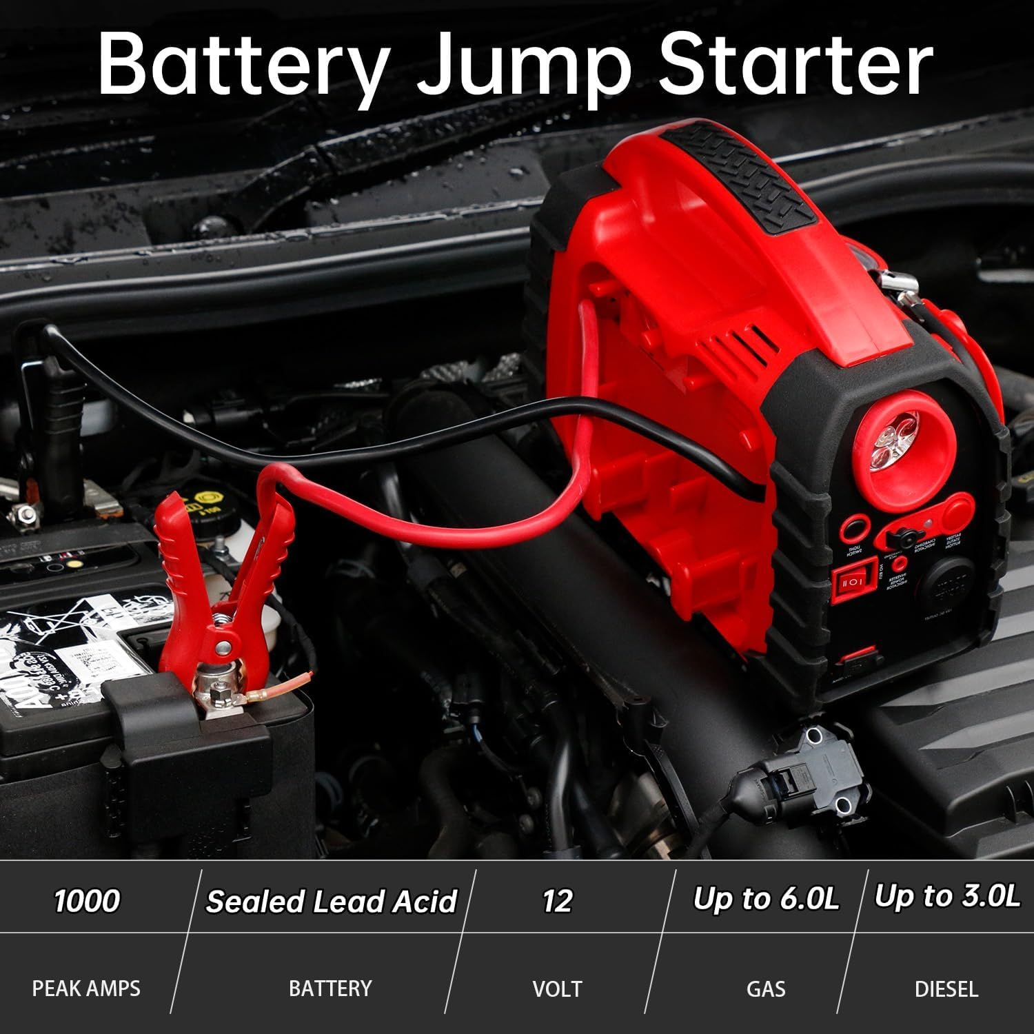 Jump Starter, acetek 1000Amp 12V Lead-Acid Battery Jump Starter with 260 PSI Air Compressor, Jump Box for Up to 5.0L Gas  5.0L Diesel Engines, Portable Power Station with LED Light
