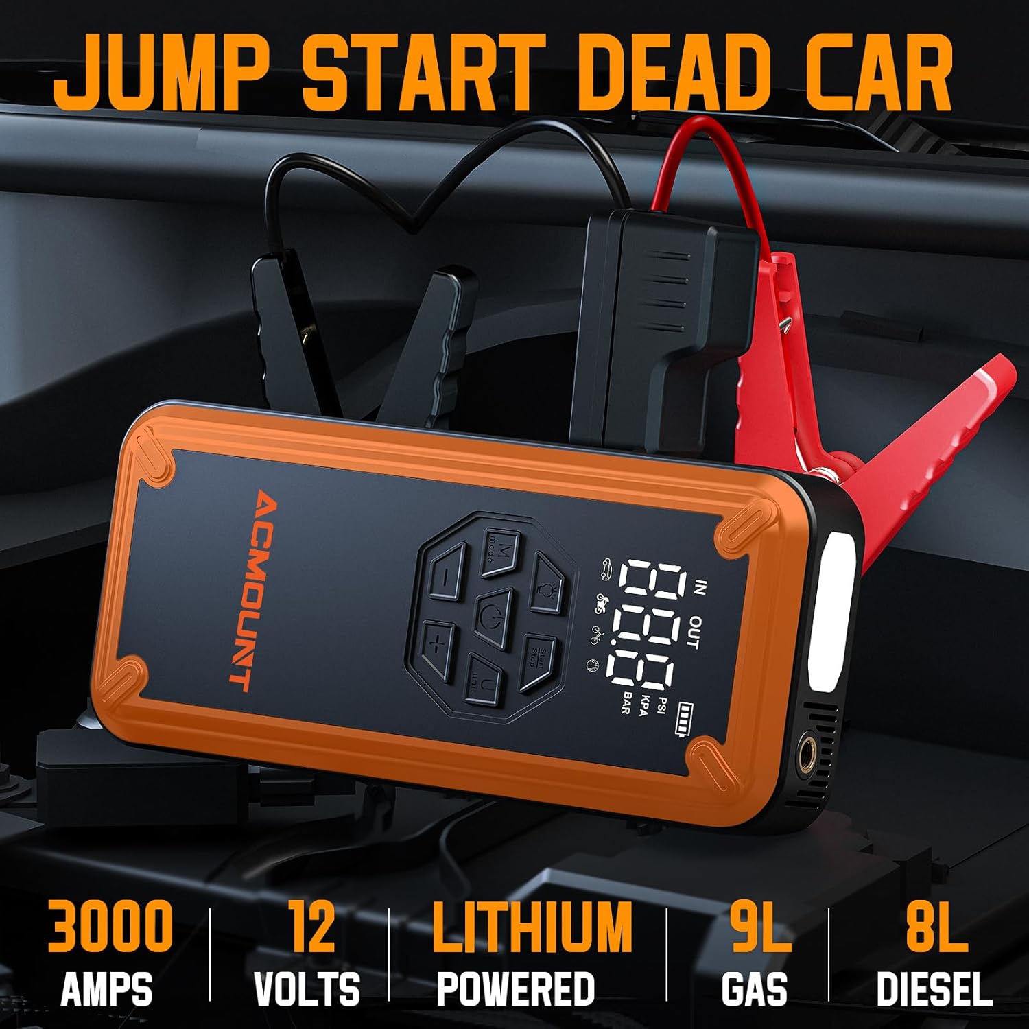 Jump Starter W160 3000A Car Jump Starter with Tire Inflator Portable Air Compressor, 150PSI Tire Inflator with LCD Display, 12V Car Battery Jumper Pack for Up to 9.0 Gas/8.0L Diesel, LED Light