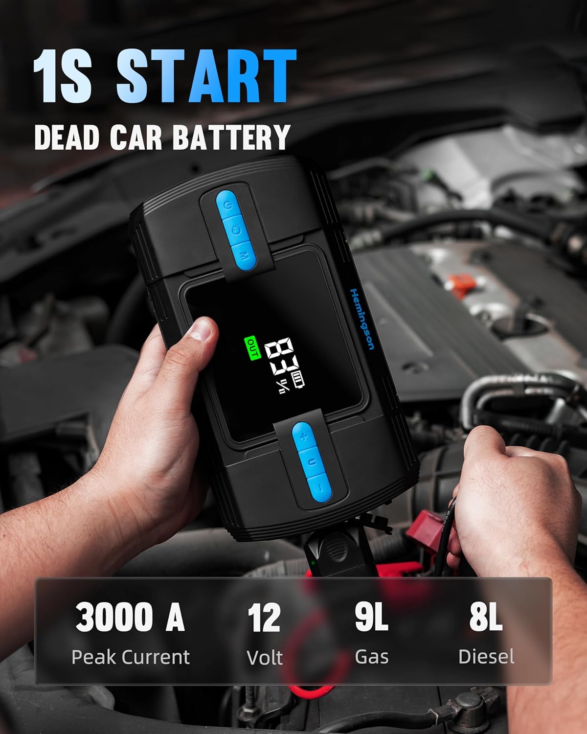 Jump Starter with Air Compressor, 3000A 160PSI Car Battery Jump Starter for 9.0L Gas  8.0L Diesel Engines, 12V Portable Car Jumper with LCD Display  4-Mode LED Flashlight