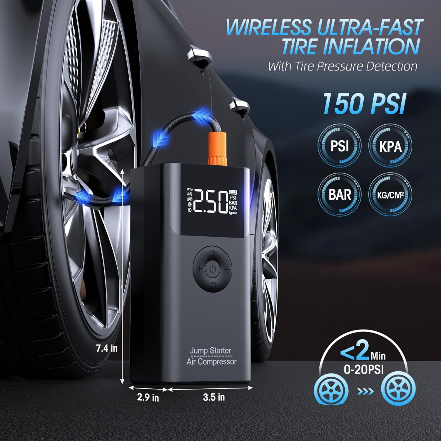 Jump Starter with Air Compressor, LERTIN 2500A 150PSI Portable Car Battery Jump Starter Pack, 12V Jump Box with USB Fast Charge, for up to 9.0 Gas/8.0L Diesel Engine, 3 Modes Lights/Large LCD Display