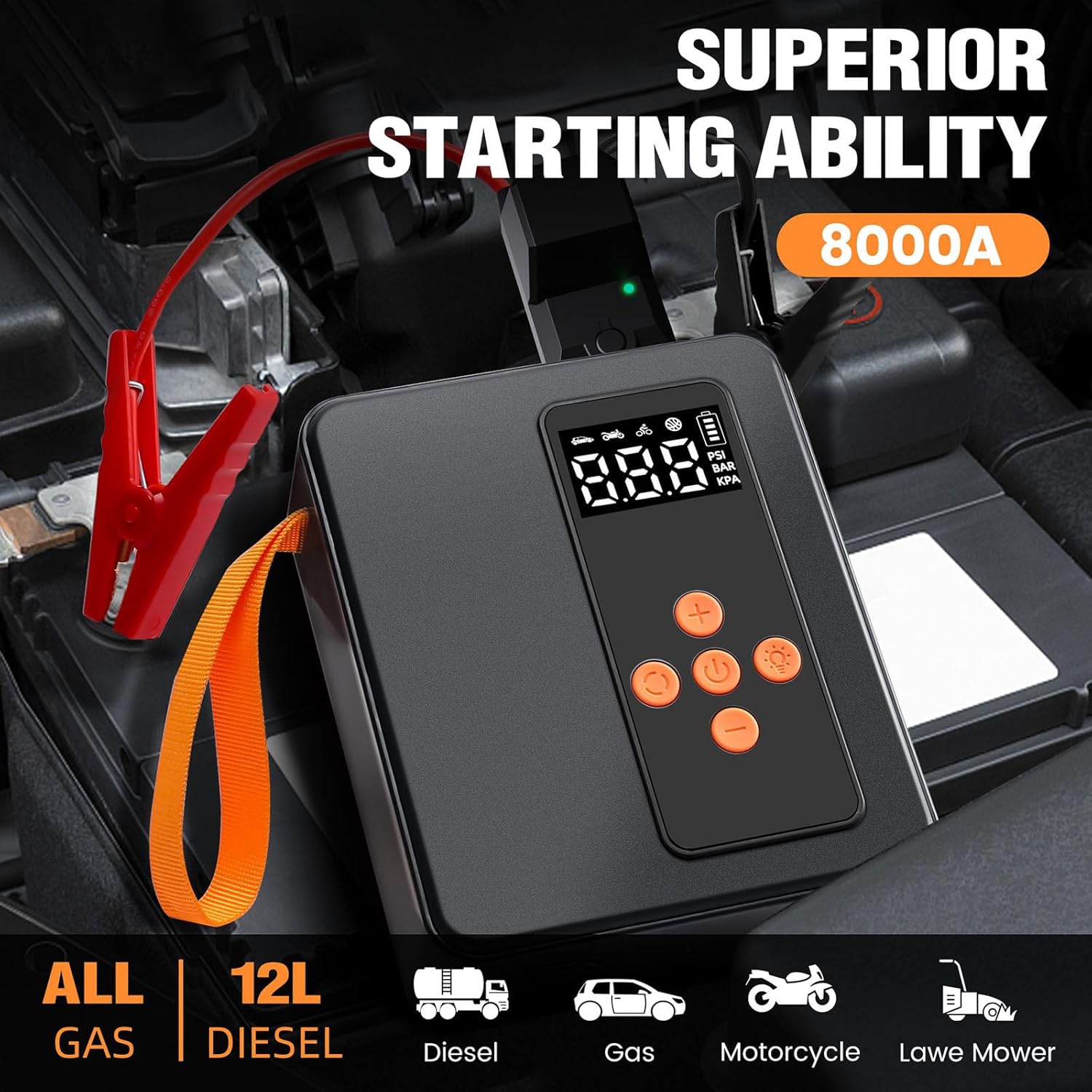 Jump Starter with Air Compressor,8000A 200PSI 32000mAh 12V Car Battery,Tire Inflator(All Gas/16L Diesel),Portable Jump Starter Battery Pack,25mm Cylinder,4000 Lumens Emergency LED Light