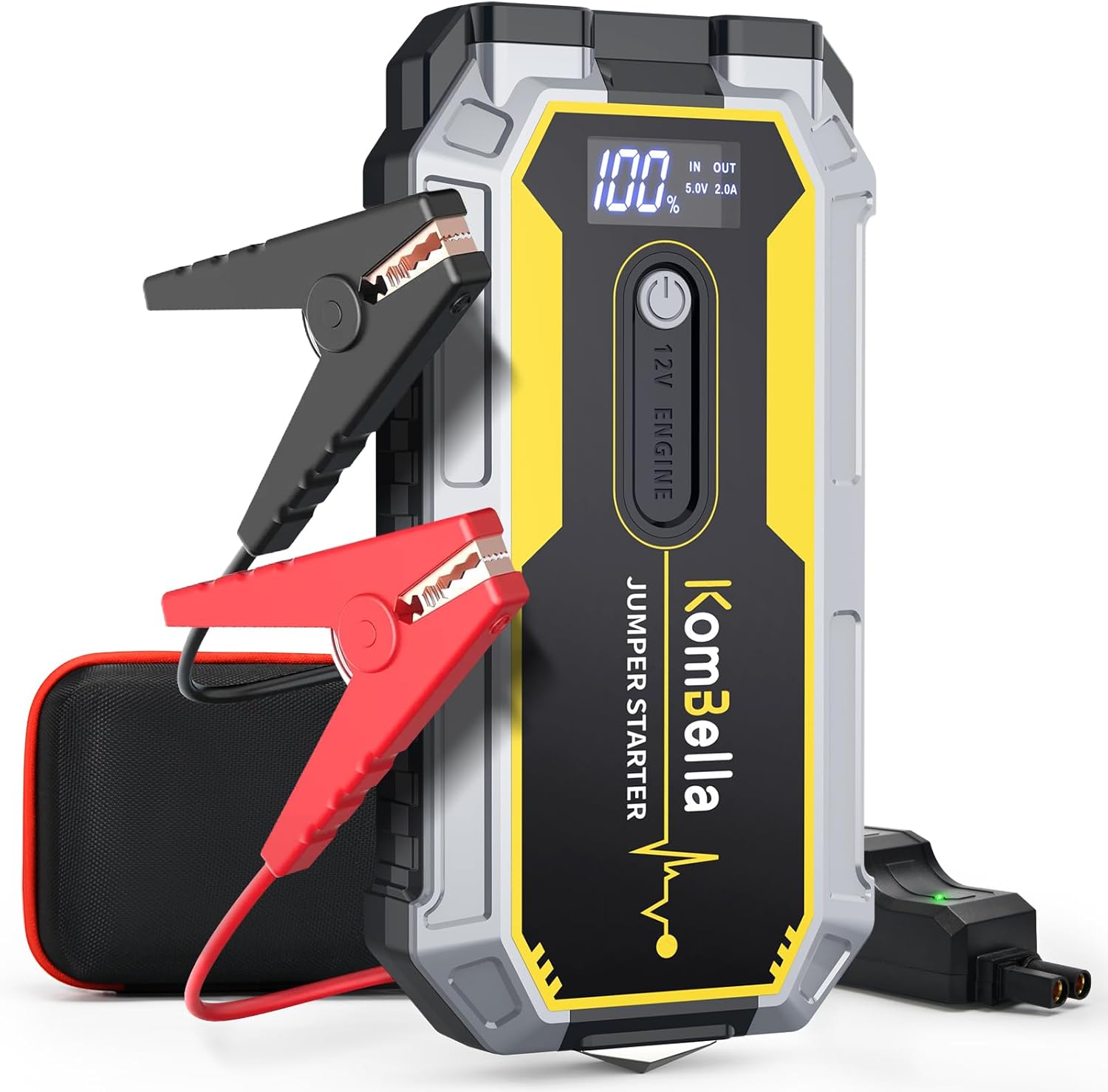 KomBella Car Jump Starter, 12V Car Battery Jump Starter for Up to 6.5L Gas  3.5L Diesel Engines, 1200A Portable Jump Box with Smart Jumper Cables, USB-C Ports, LCD Display, and Storage Case (Yellow)