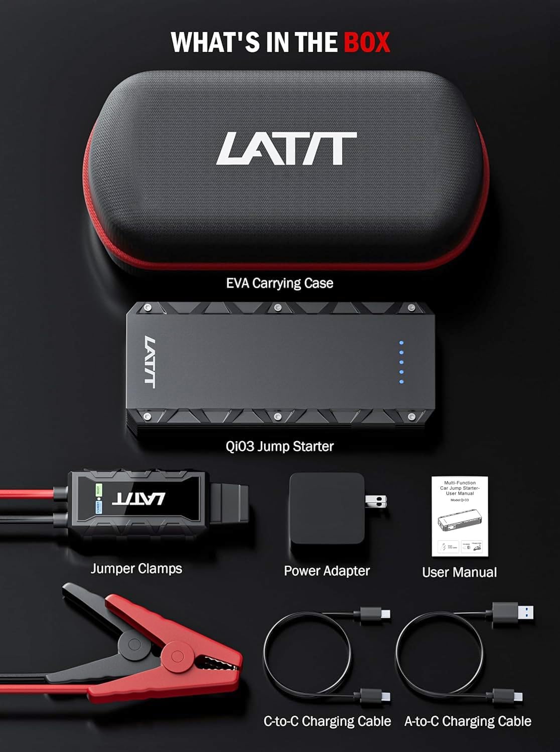 LATIT 2000A Peak Car Jump Starter, 20000mAh 12V Booster Pack Jump Starter for Up to 7.5L Gas/6.5L Diesel Engine, Powerful Jump Starter Battery Pack with Smart Jumper Cable, LED Light and LCD Display