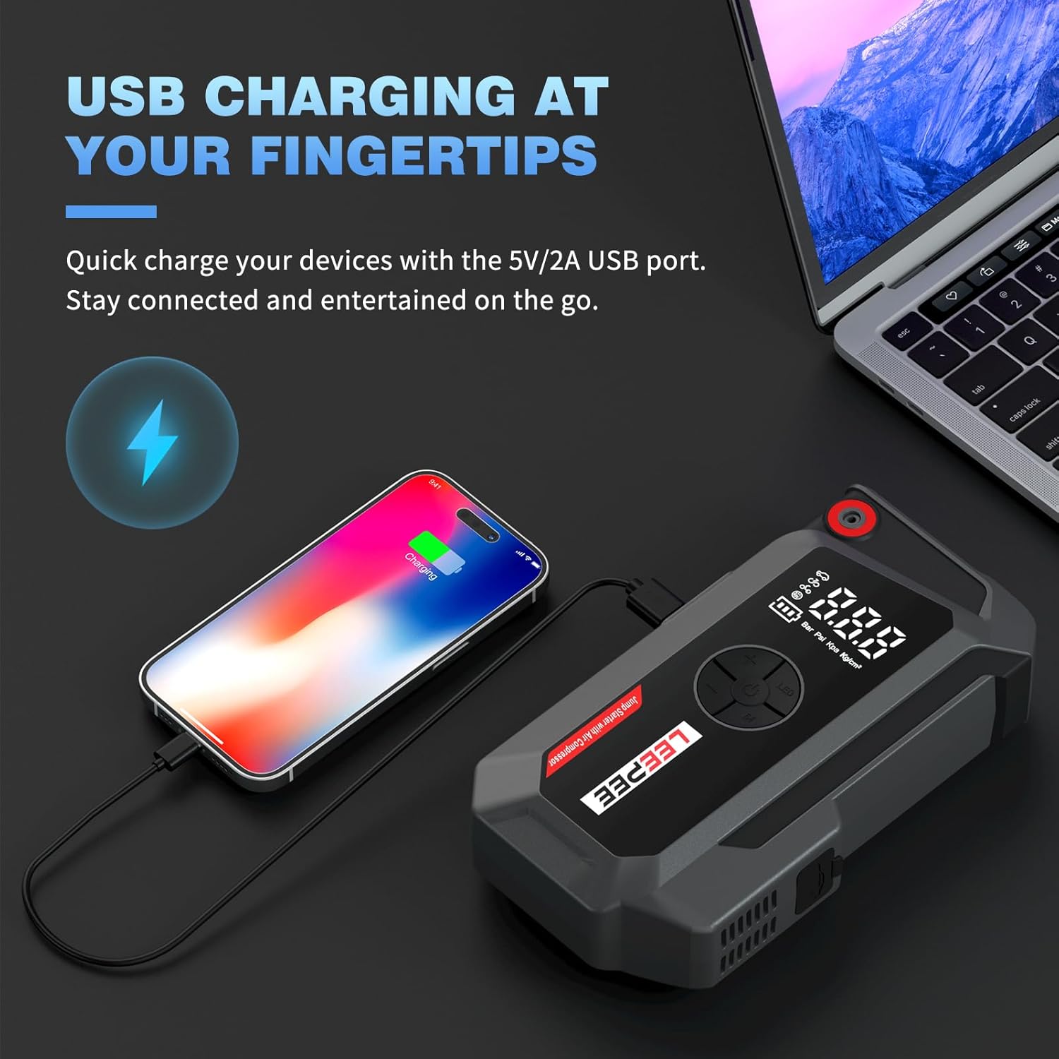 LEEPEE TM16K Car Jump Starter with Air Compressor, 12V Power Bank for 9L Gas  8L Diesel Engines, 3000Amps 150PSI Car Battery Booster with 3 Modes Flashlight, LCD Display Car Battery Jump Starter
