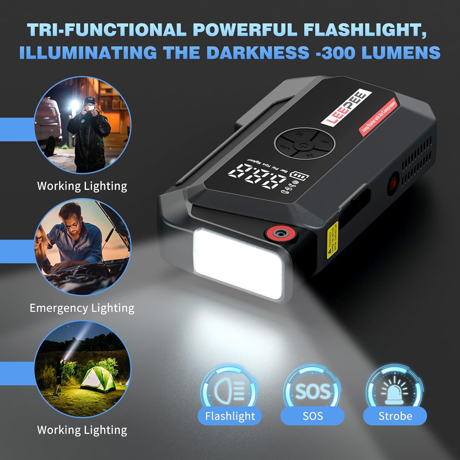 LEEPEE TM16K Car Jump Starter with Air Compressor, 12V Power Bank for 9L Gas  8L Diesel Engines, 3000Amps 150PSI Car Battery Booster with 3 Modes Flashlight, LCD Display Car Battery Jump Starter