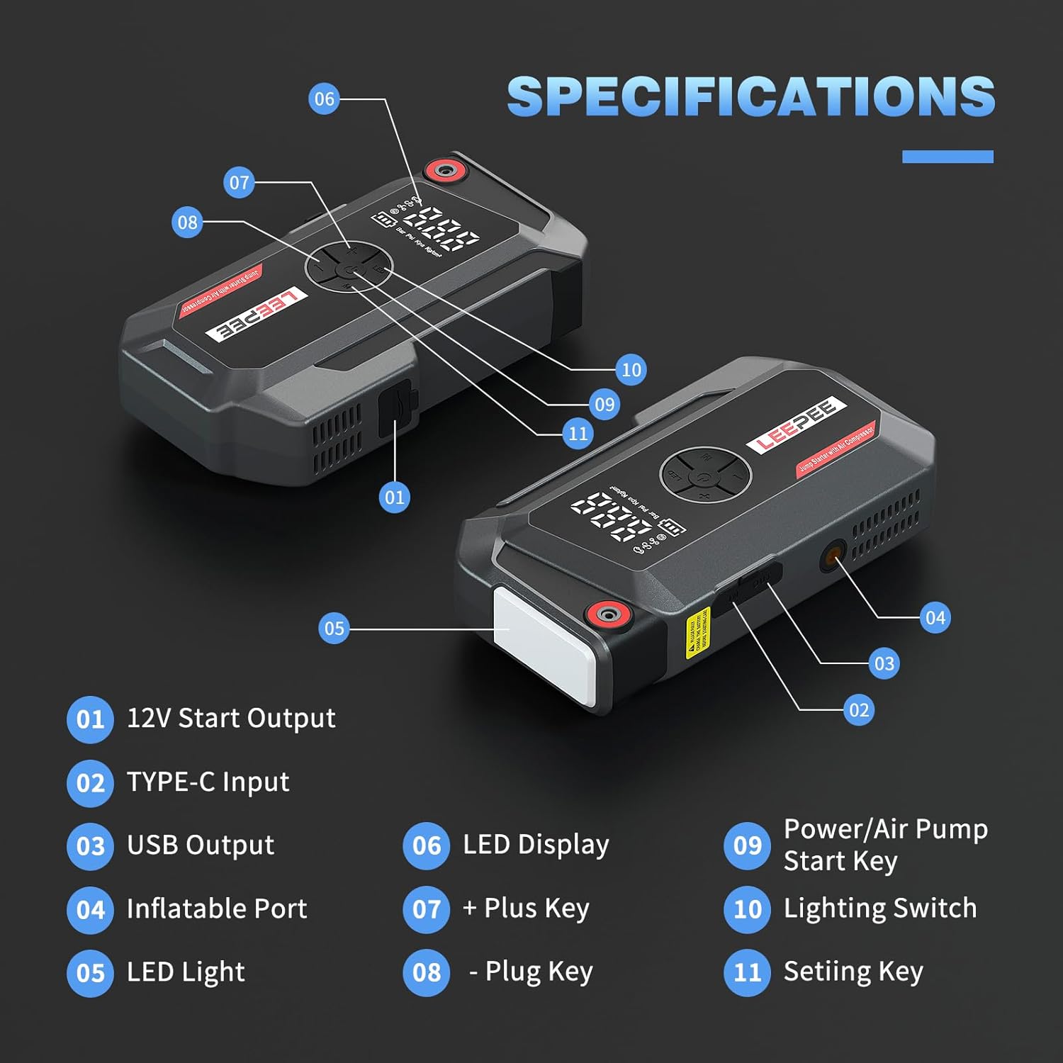 LEEPEE TM16K Car Jump Starter with Air Compressor, 12V Power Bank for 9L Gas  8L Diesel Engines, 3000Amps 150PSI Car Battery Booster with 3 Modes Flashlight, LCD Display Car Battery Jump Starter