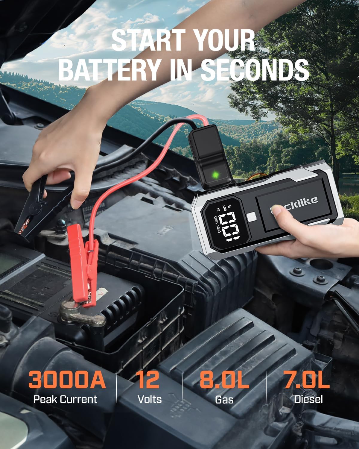 Lucklike Car Jump Starter, Portable Car Jump Starter, Car Battery Charger Jump Starter, Jump Starter for Car, Portable Jump Starter for Car, 3000A Car Jump Starter for 8.0L Gas/7.0L Diesel, LED Light